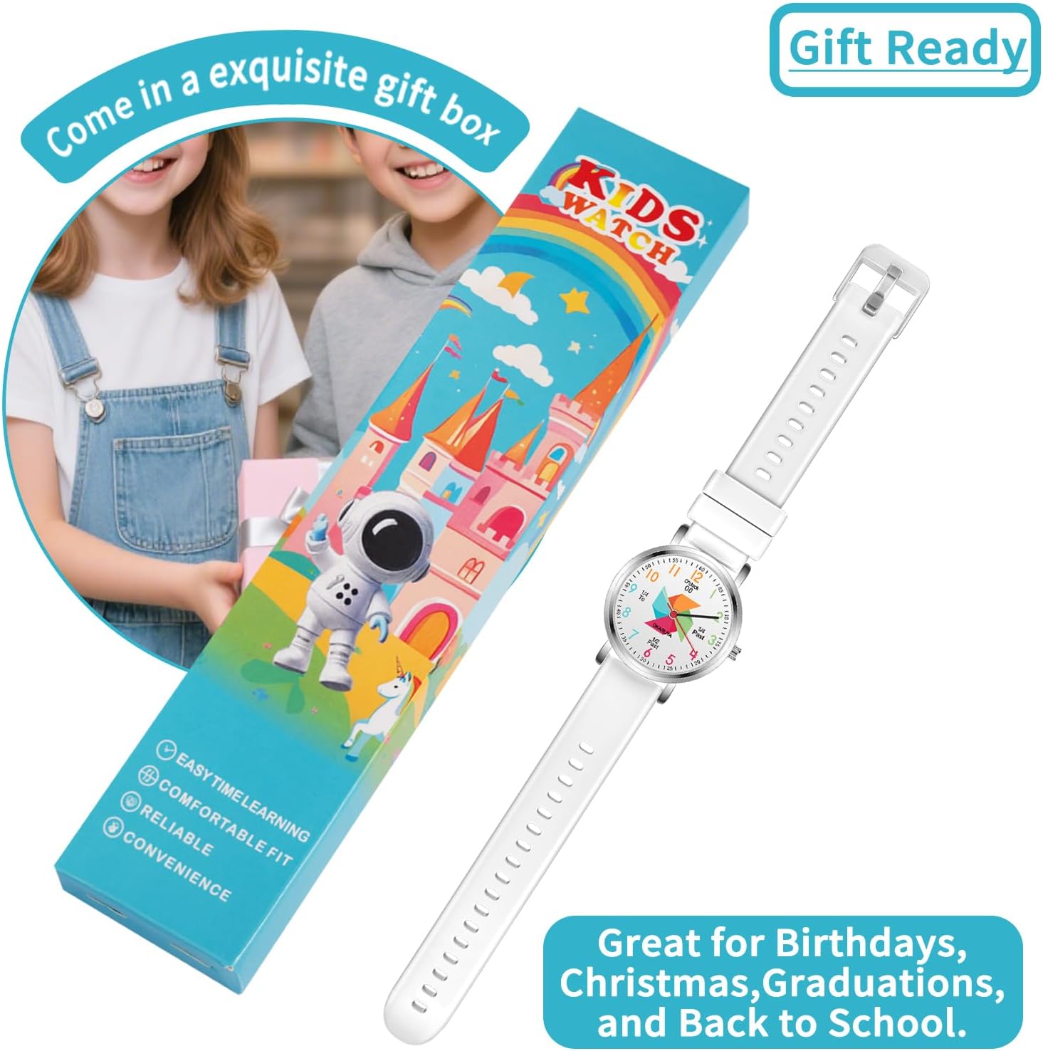 Kids Watch Analog Waterproof, Pinwheel Learning Watch for Kids 8-12, Teacher Watches for Boys Ages 5-7 6-8, Easy to Read Educational Girls Watches