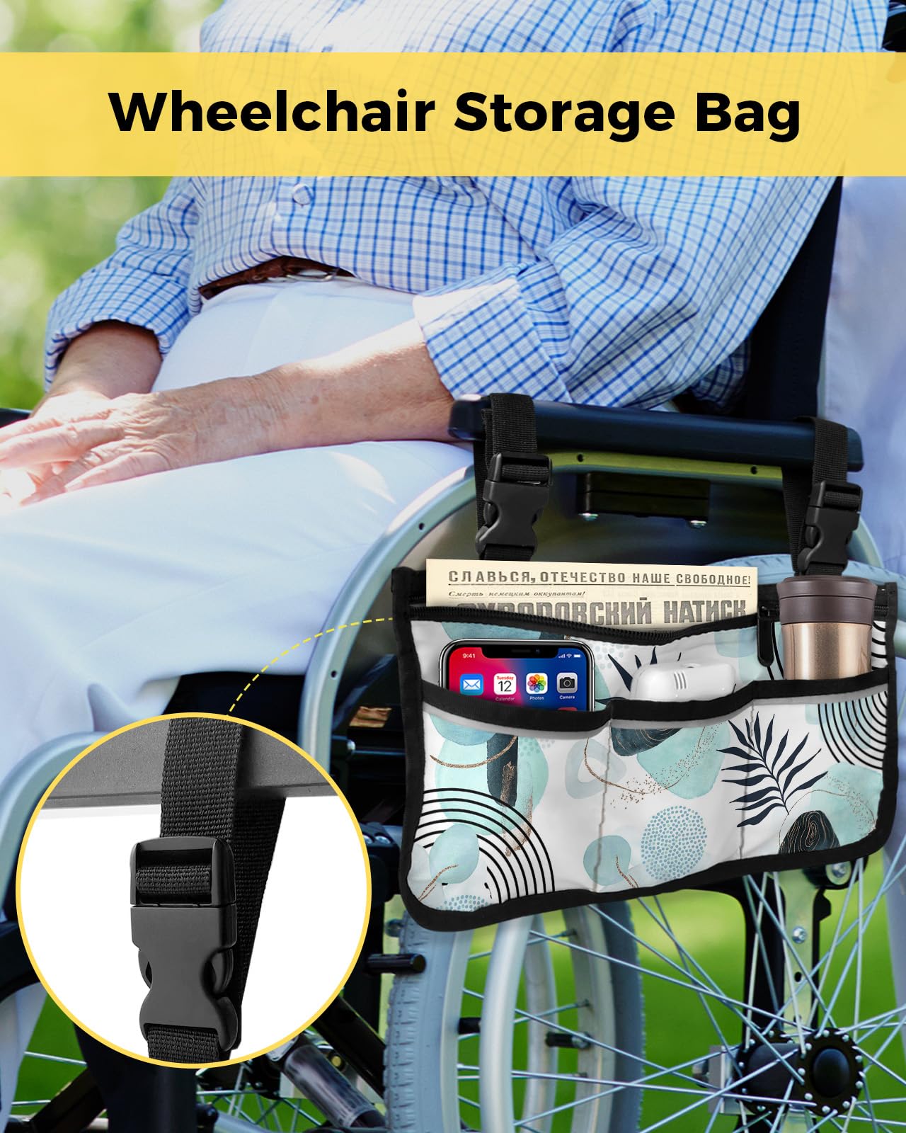 Boho Tropical Leaves Wheelchair Side Bag Walker Bag, Blue Green Abstract Art Neutral Wheelchair Accessories Armrest Pouch, Organizer Storage Bag for Walkers, Rollators, 7.3''x13''