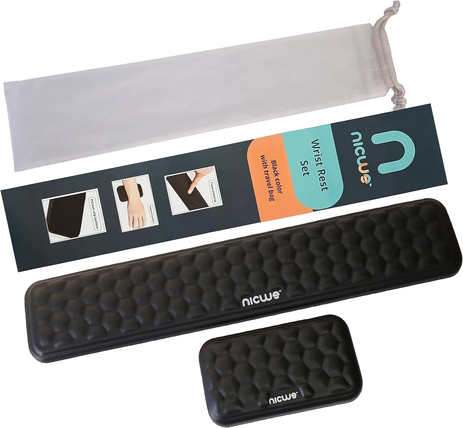 Ergonomic Keyboard Wrist pad Black with Memory Foam - Mouse Wrist Rest for Computer Keyboard, Waterproof, Nonslip. Arm Rest for Keyboard pad Reduce Wrist Fatigue. 2 Piece Pad with Travel Bag.