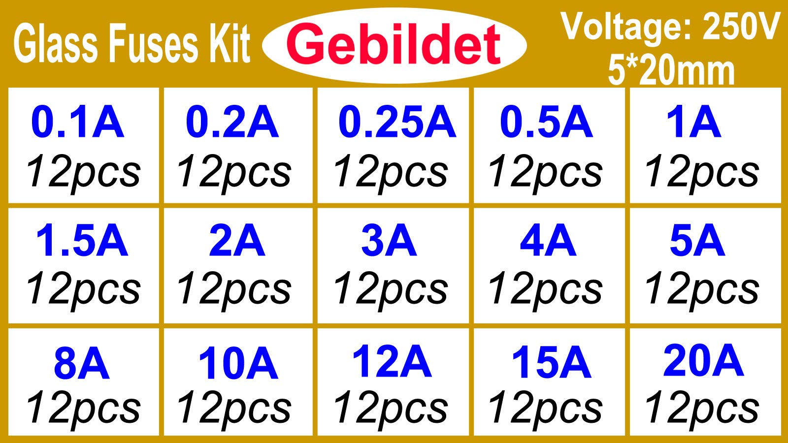 Gebildet 15 Valores 180pcs 5×20mm 250V Fusibles de Tubo de Vidrio Juego de Surtido(0.1A/0.2A/0.25A/0.5A/1A/1.5A/2A/3A/4A/5A/8A/10A/12A/15A/20A,Cada 10pcs)