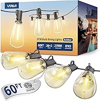 VIPAR 60FT Waterproof LED String Lights with 26 Shatterproof ST38 Edison Bulbs, 2700K Warm White Connectable for Patio Porch Backyard Deck