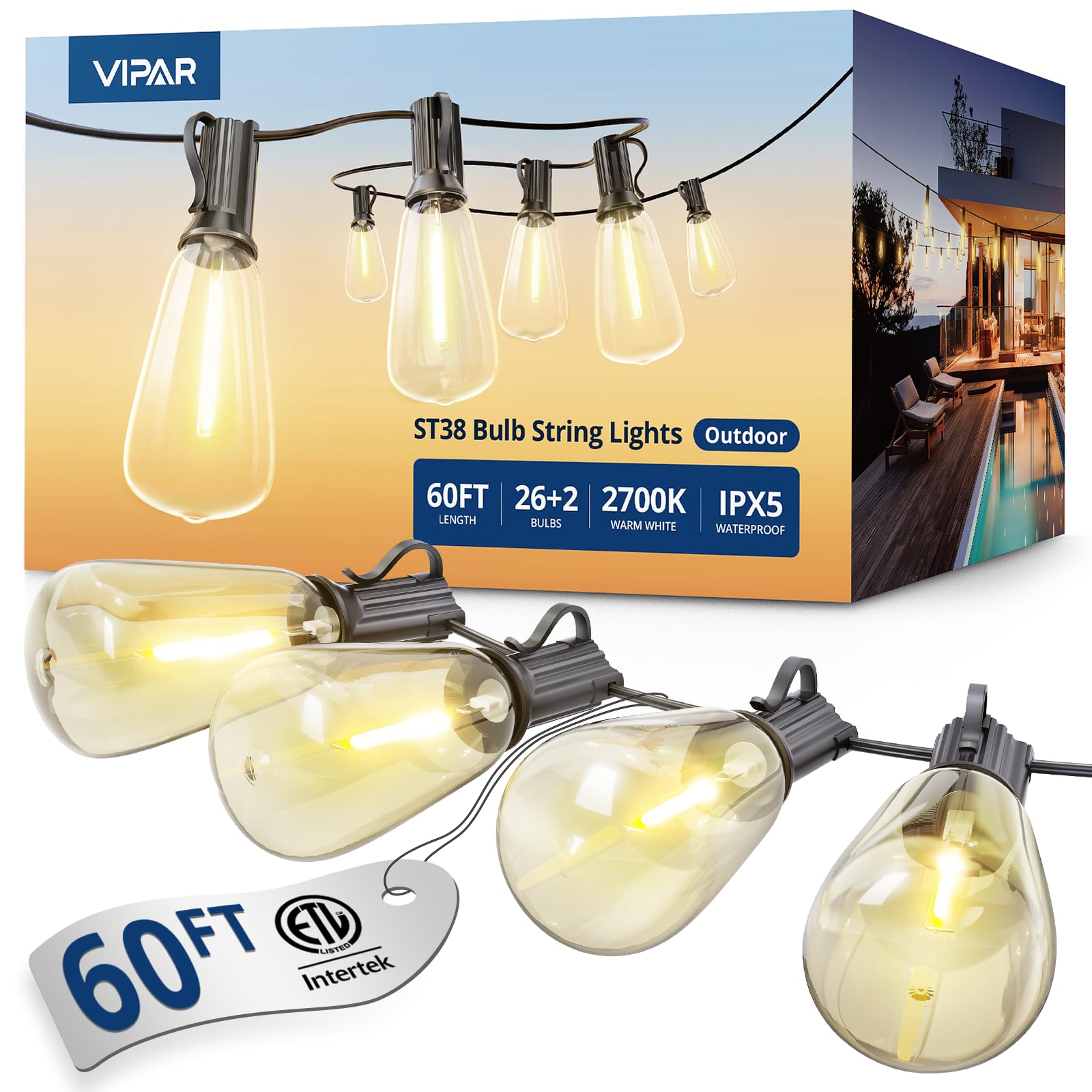 VIPAR 60FT ST38 Edison Bulb String Lights