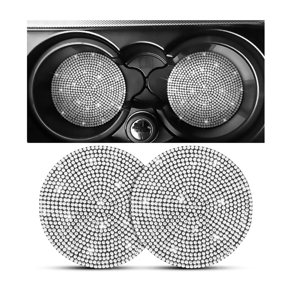 Bling Car Cup Holder Coaster, 2 Pack Crystal Rhinestone Anti-Slip Insert Coasters, Universal 2.75 Inch Fashion Automotive Cup Mat, Car Interior Accessories Decor Gifts for Women (White)