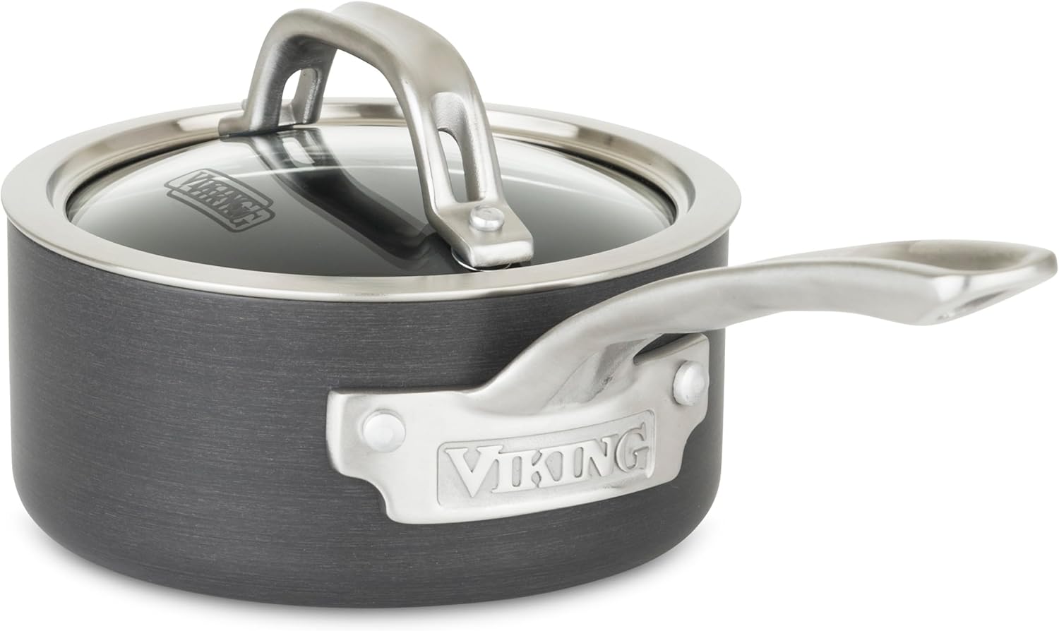 Viking Non Stick Sauce Pan with Glass Lid, 1 Quart Hard Anodized Nonstick Saucepan Cooking Pot, Dishwasher and Oven Safe, Induction Ready, Gray