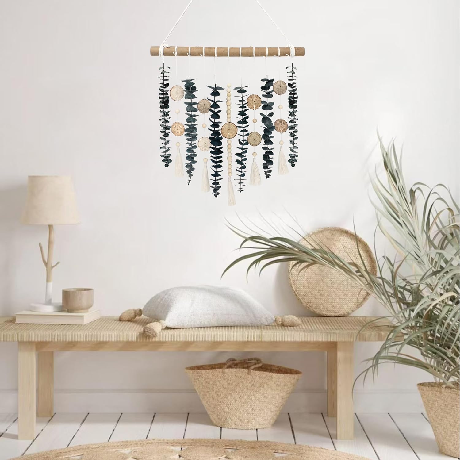 Boho Wall Decor Real Eucalyptus Bathroom Decor Fresh Eucalyptus Greenery Leaves Stems Wall Hanging Plants on 16.5 inch Wooden Stick with Wooden Bead Rustic Farmhouse for Bedroom Nursery Kitchen