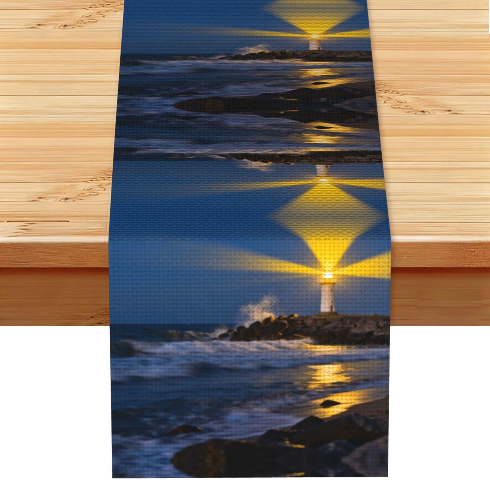 Lighthouse Coast Rock Linen Look Table Runner 13x72-Wrinkle Resistant Farmhouse Style for Dining Table Decor