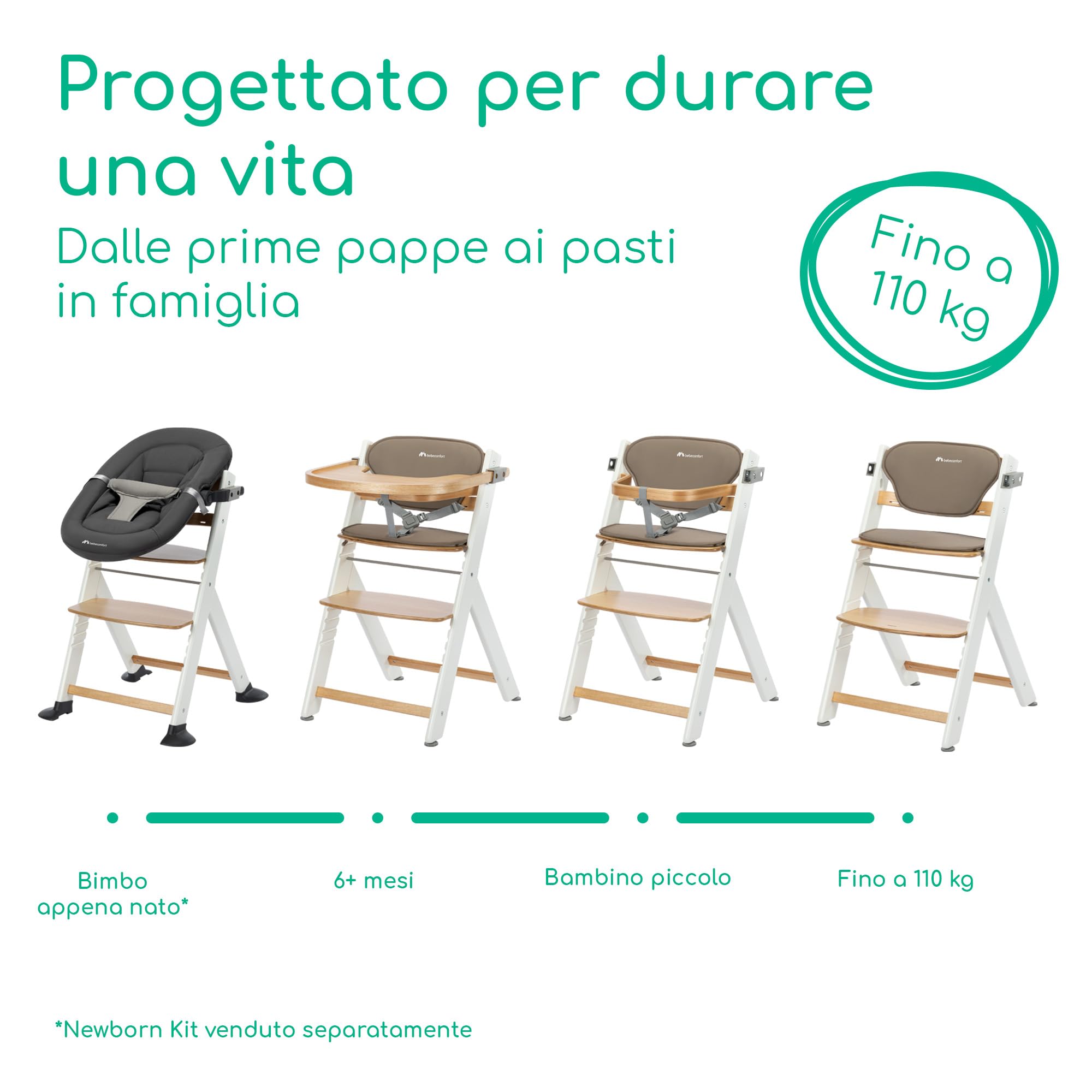 Bebeconfort Timba 2 con Cuscino, Seggiolone Pappa Evolutivo in Legno, 6+ Mesi, Fino a 110 kg, Sedia Evolutiva Ergonomica, Regolabile in Altezza, Vassoio Amovibile, Natural Wood + Cuscino