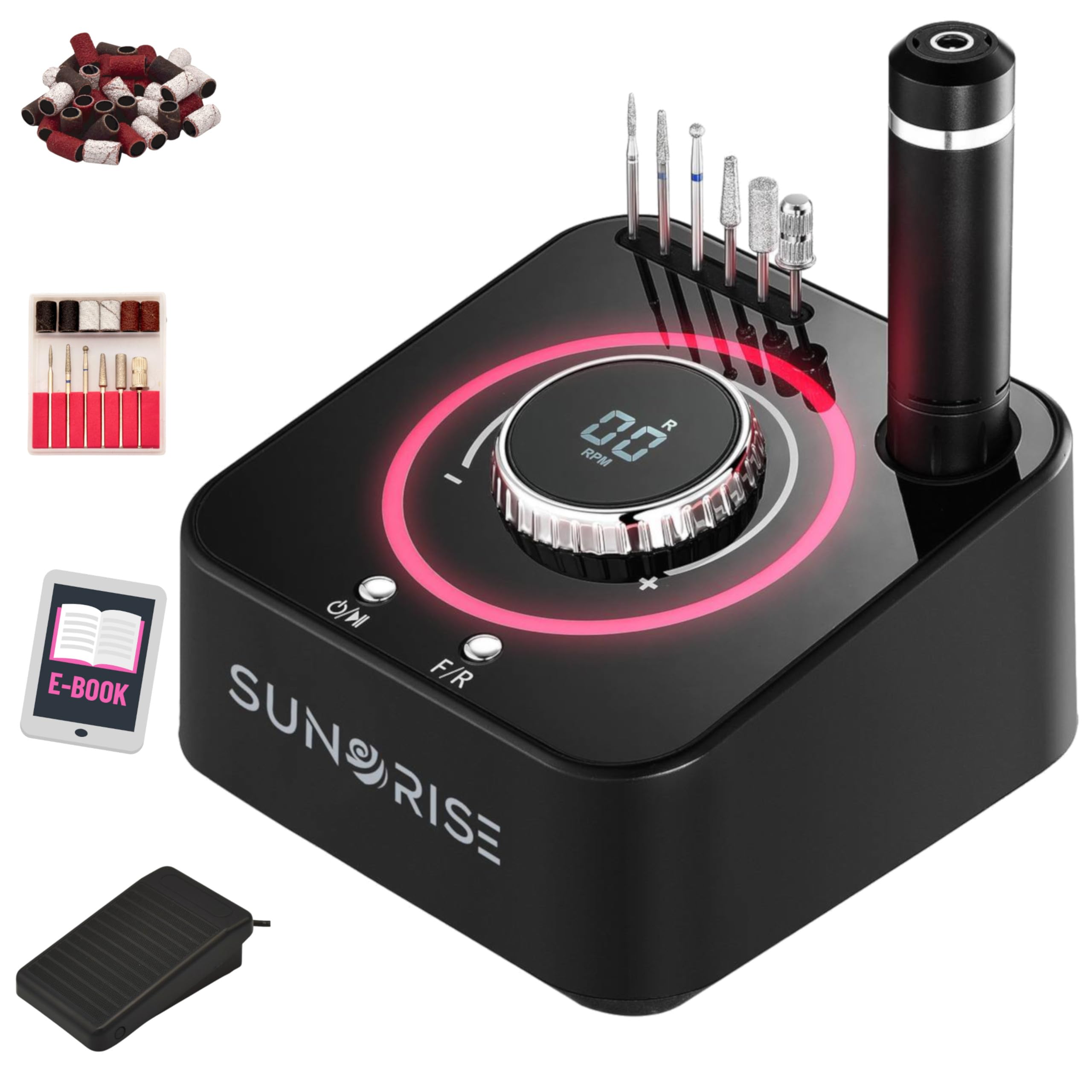 Fresa per Unghie Professionale - 40000 Giri, LED Multicolor e USB - Lima Elettrica - 6 Punte 36 Cilindri - per Pedicure e Manicure - Nail Drill (Nero)