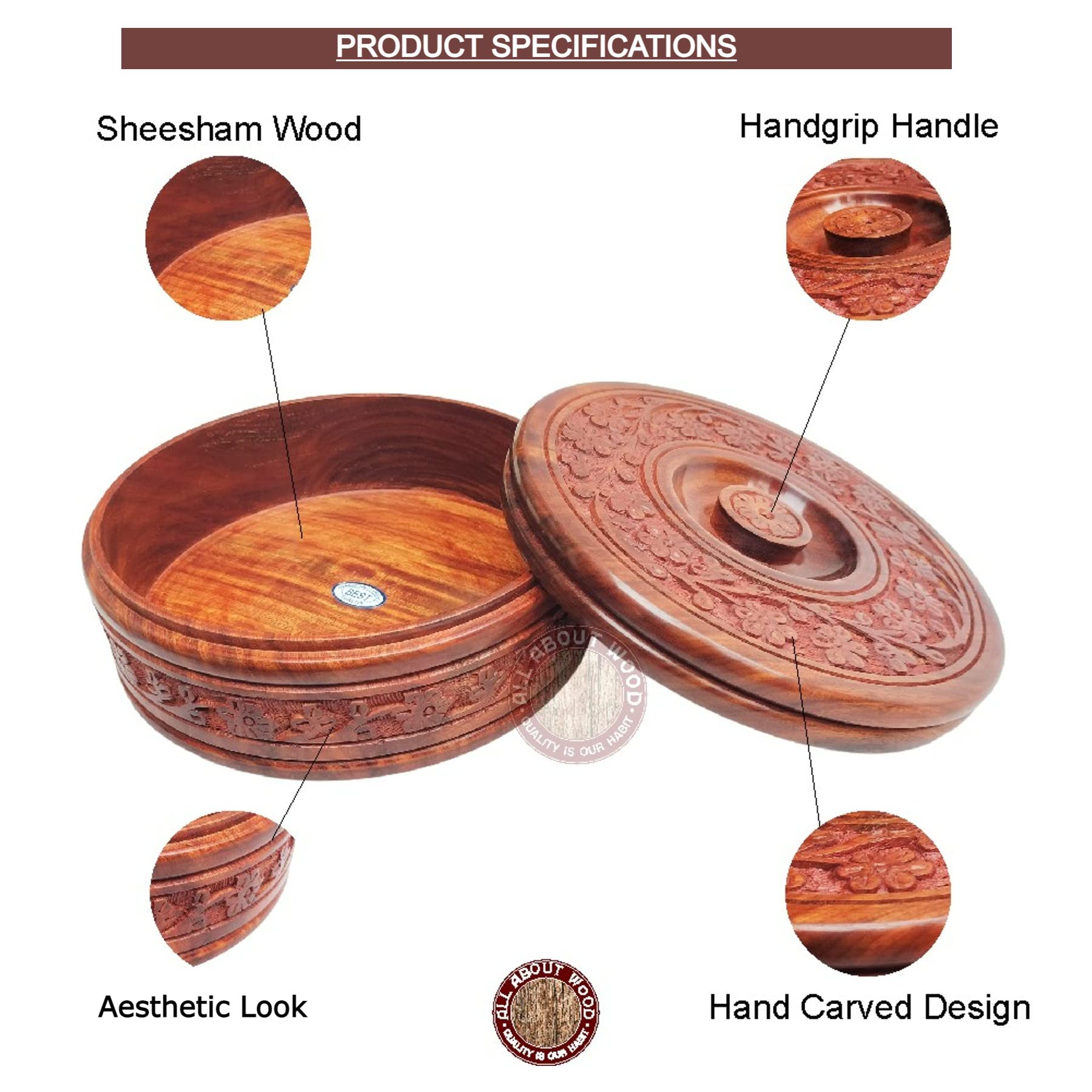 All About Wood NAKASHI Hand-Crafted Insulated Wooden Casserole/Chapati Box Or Salad Serveware -Set of 1 (Diameter: 8 inches)