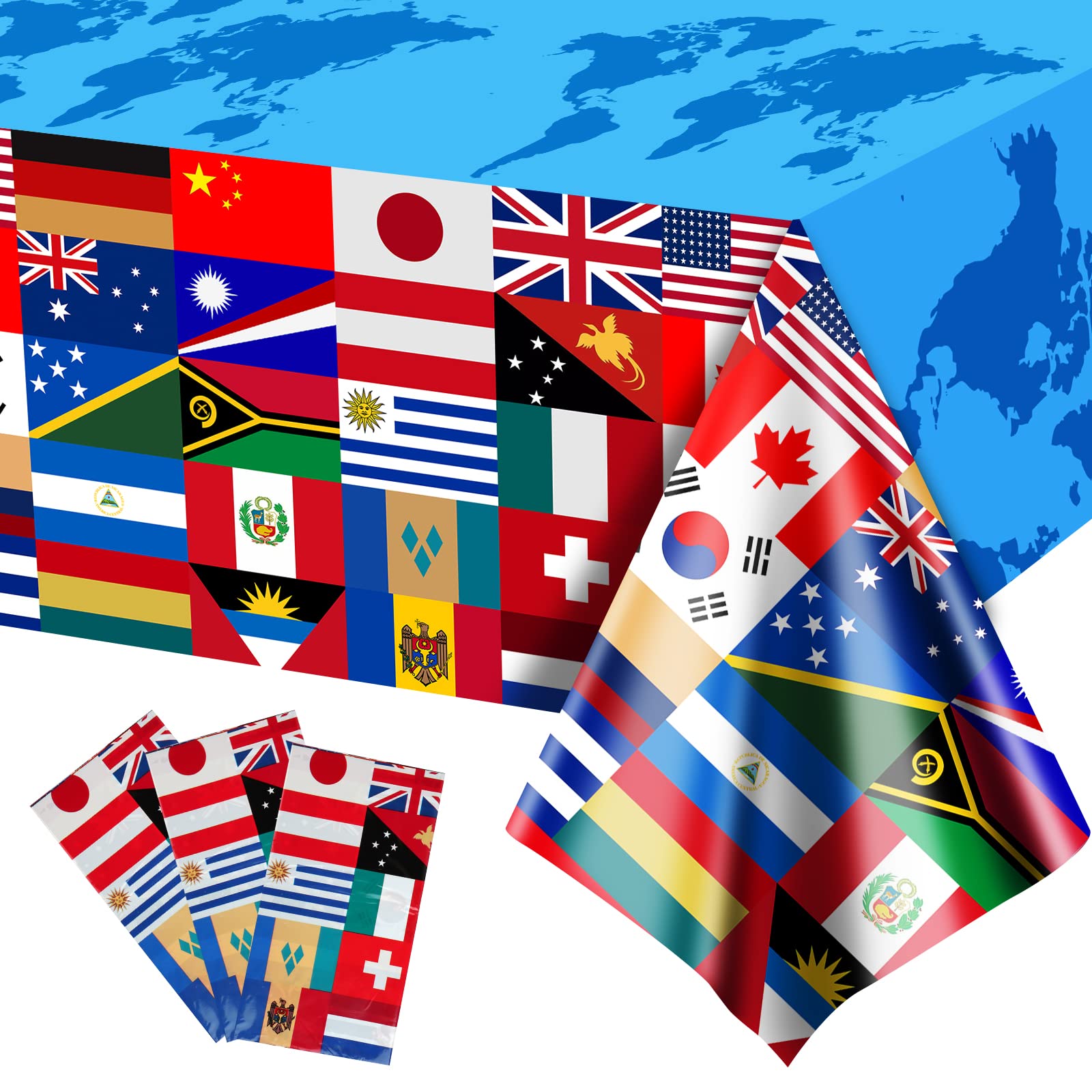 Runmeihe 3 Pack Plastic Rectangle International World Flag Table Cloth, Disposable and Recyclable Table Cover for International Communication Theme Kids Party Indoor Outdoor Decorations（7.2×4.2ft）