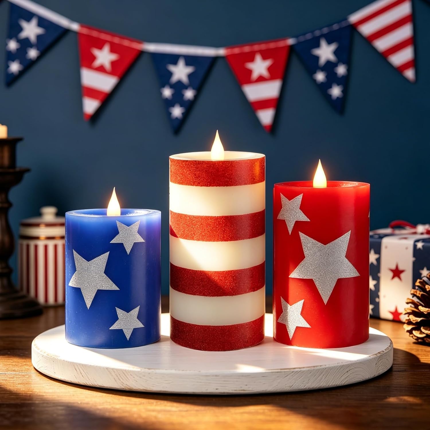 3 Pack 4th of July Flameless Pillar Candles, Red White and Blue Flameless Candles, Patriotic LED Battery Operated Candles with Flickering Flame, 4th of July Pillar Candles