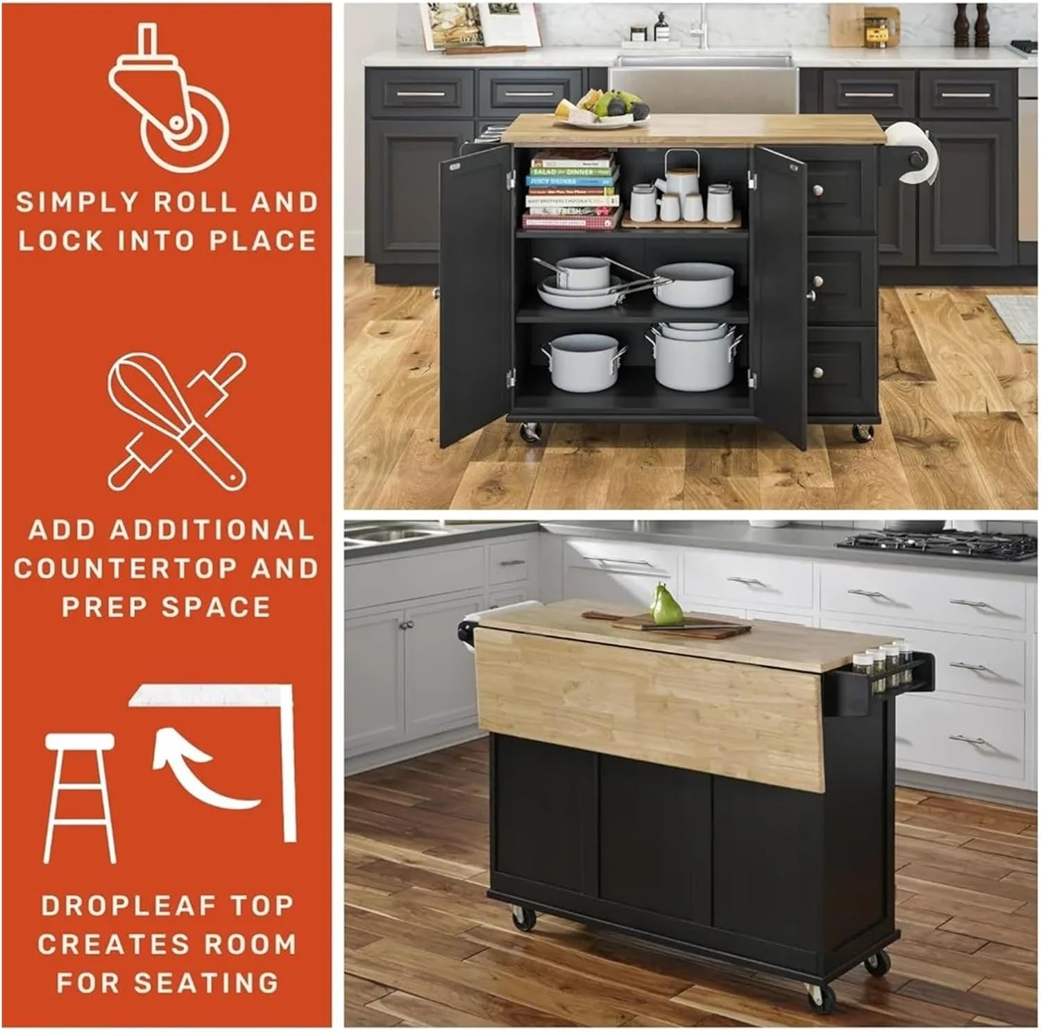 Storage Trolley Kitchen Cart with Wood Top and Drop Leaf Breakfast Bar Island Casual Home Shelving Organizer(Black)