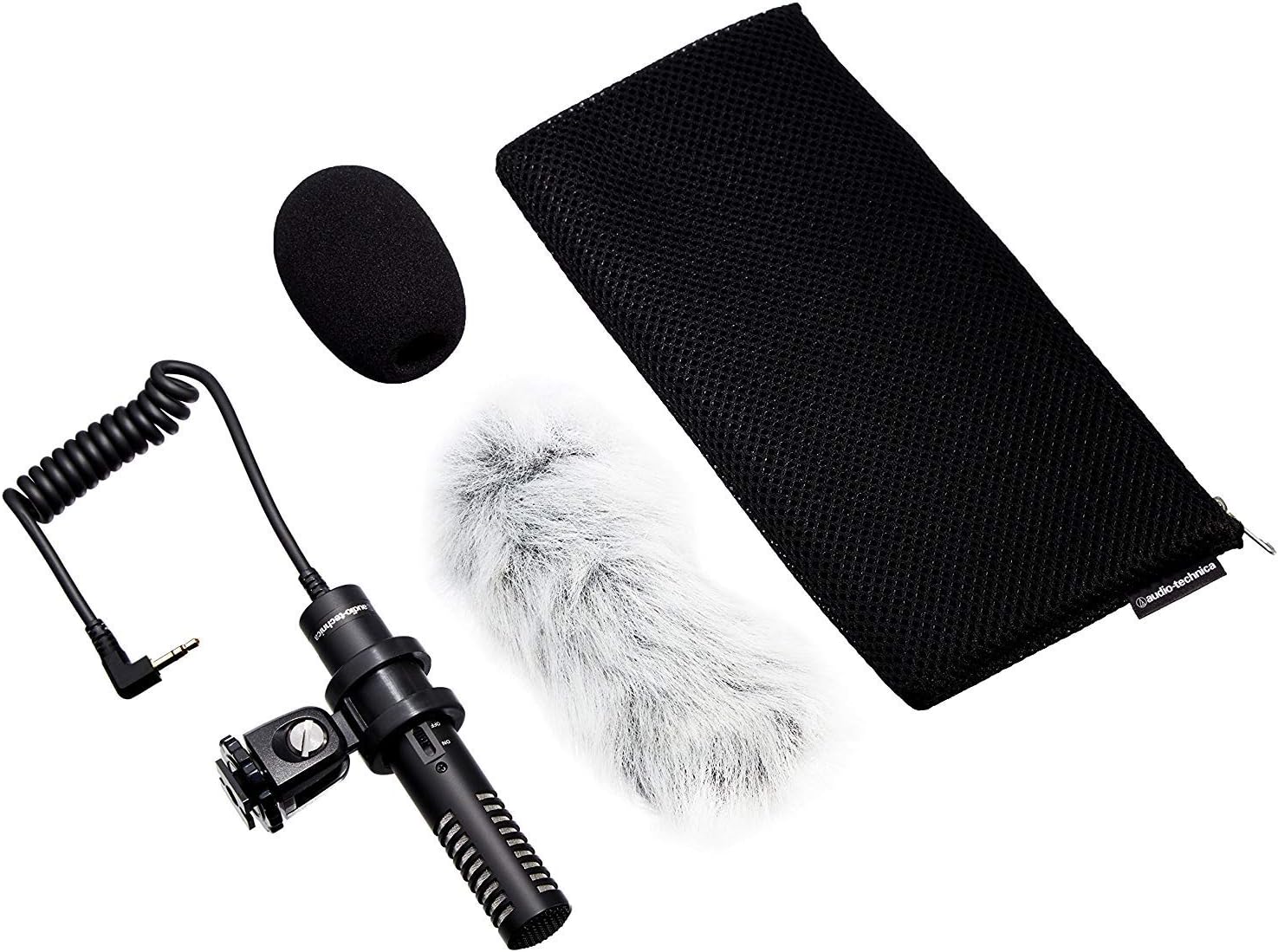 Audio-Technica PRO24CM microphone with a foam windscreen and a furry wind muff.