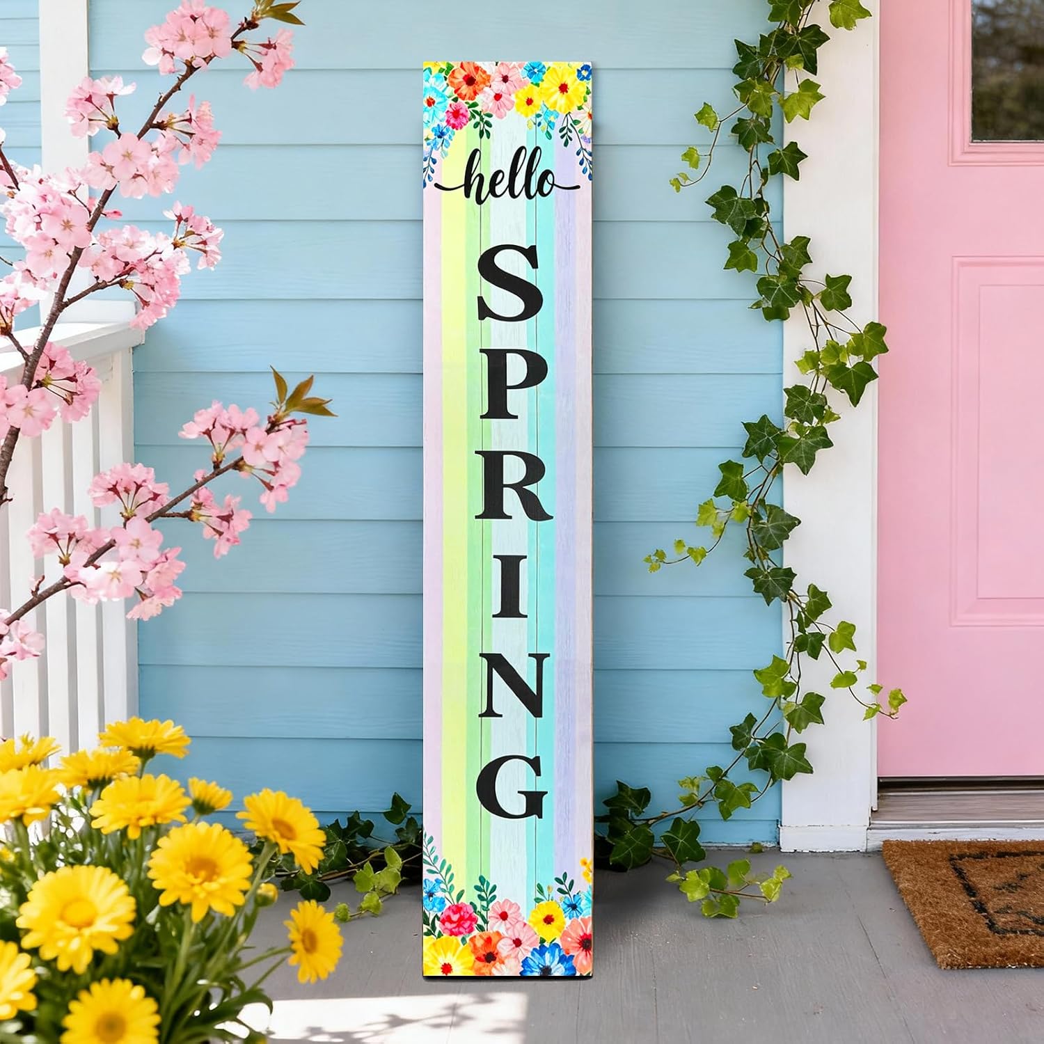 Amazon.com: Hentonwell Vertical Wooden Hello Spring Porch Sign,Rustic ...