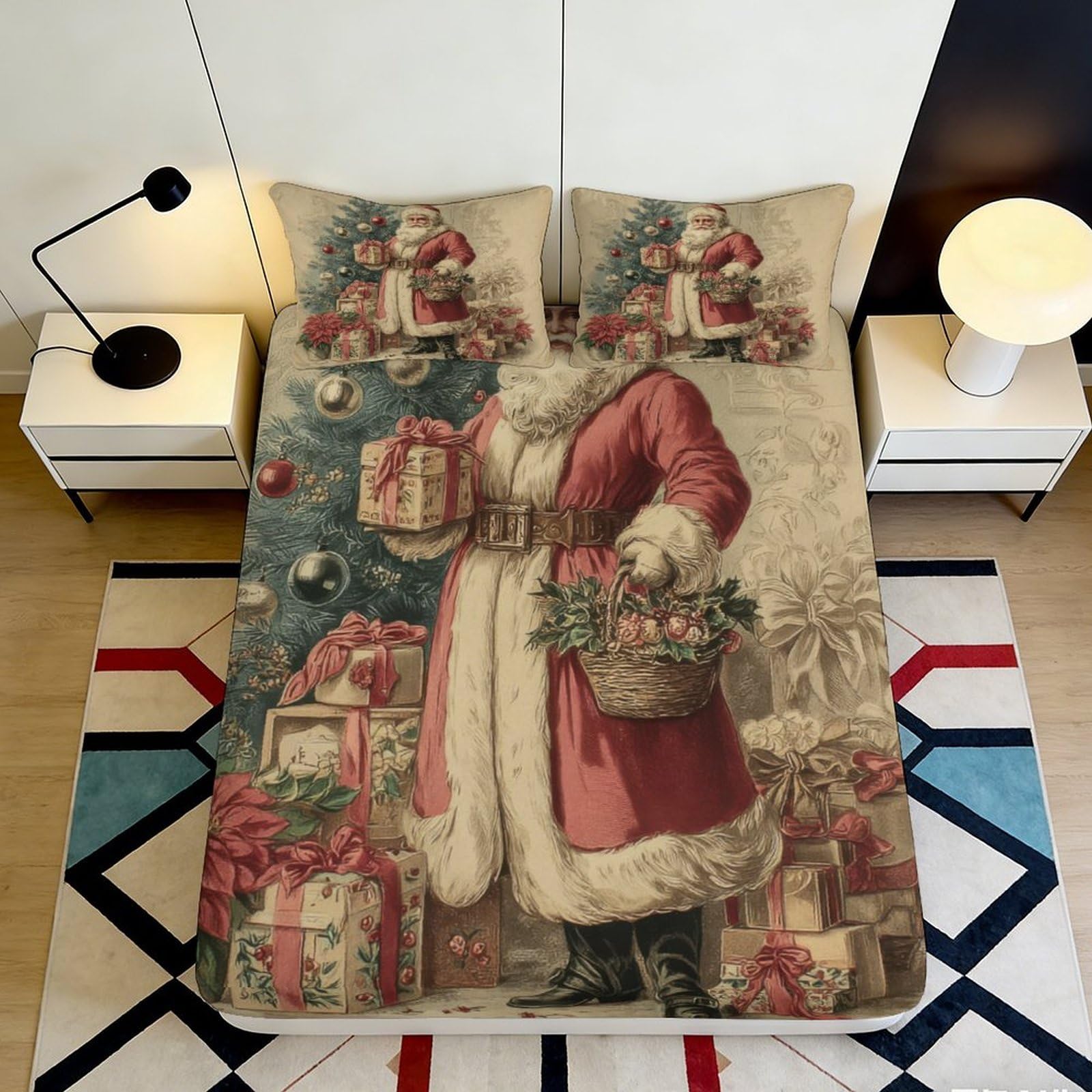 3D Printed Vintage Santa Claus Fitted Sheet Microfiber Christmas Tree Bed Cover for Bedroom Guest Room Decor 90x200x25cm