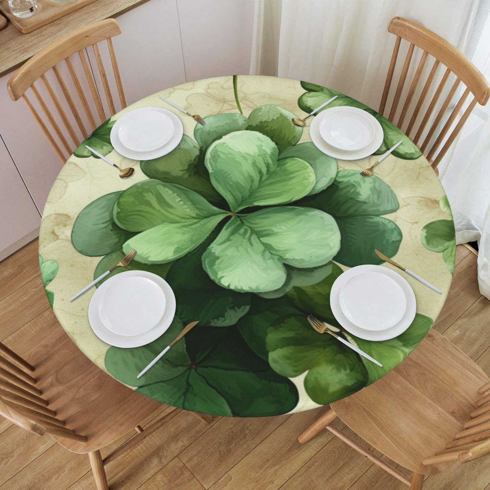 Guxxuil St. Patrick's Day Round Fitted Tablecloth – Green Clover Design, Waterproof, Fits 40-44 Inch Tables, Washable