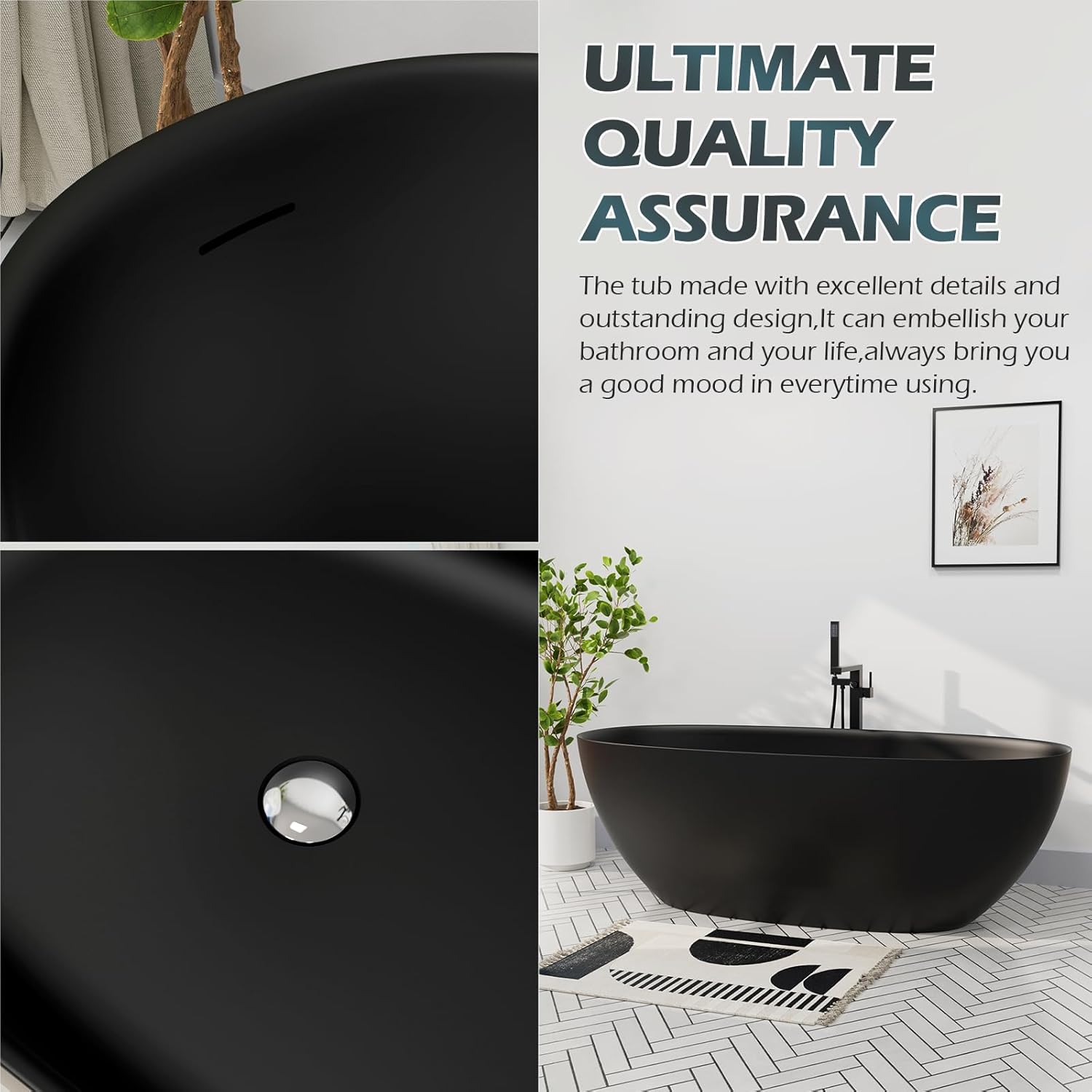 GIVINGTREE 65'' Freestanding Solid Surface Resin Stone Bathtub, Contemporary Design Stand Alone Tub with Pop-up Drain and Overflow, cUPC Certified, Matte Black (Oval)