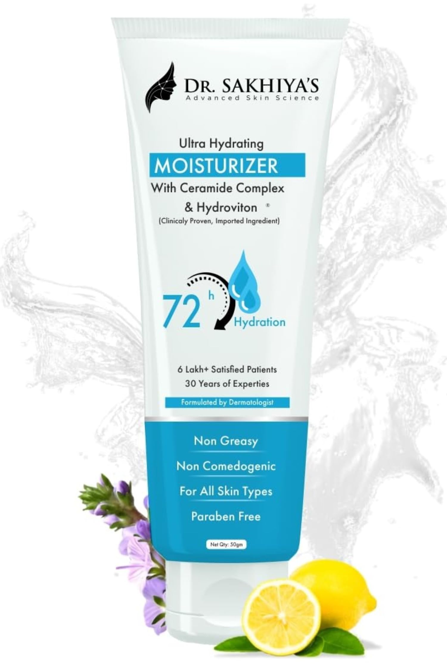 Dr. Sakhiya's Ceramide & Hydroviton Face Moisturizer - 50g | Ultra Hydrating, Non-Greasy Formula for Dry & Sensitive Skin | Repairs Skin Barrier | Fragrance-Free, Non-Comedogenic | Intense 72-Hour Moisture