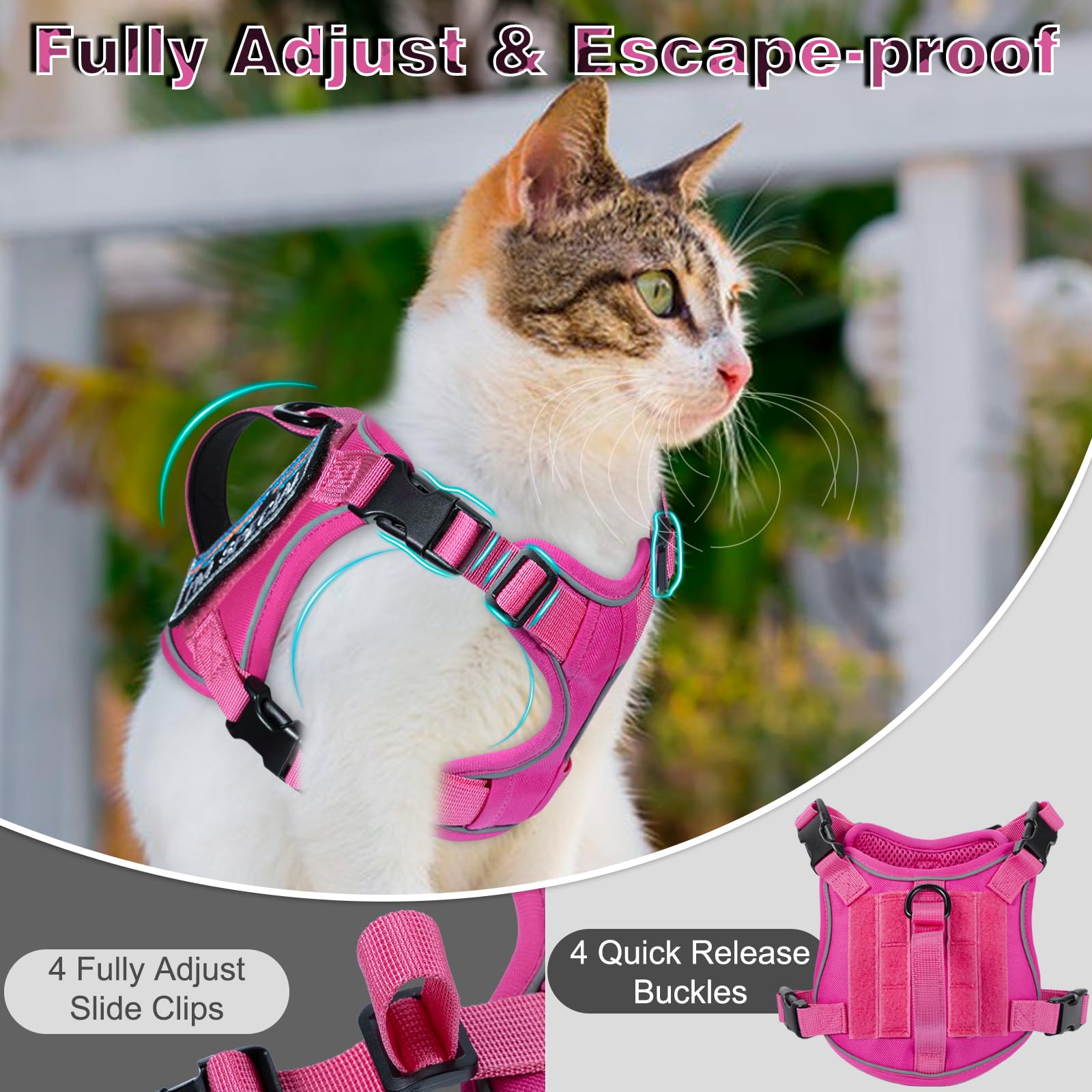 Harnais tactique réglable anti-fugue pour chat de grande taille, respirant, facile à contrôler, avec poignée, patchs Molle (rose + laisse, L)