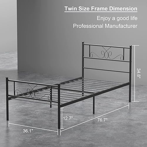 Miniatura 2 de Weehom Base de cama de tamaño individual con cabecero, plataforma negra, cama estándar de acero para niños y niñas, no necesita somier