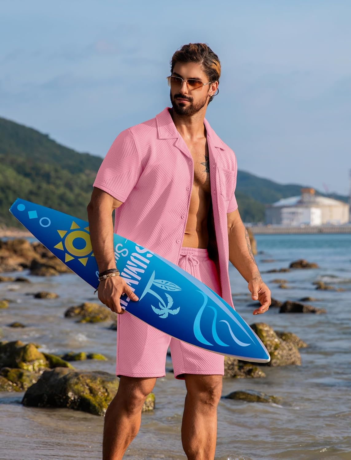 URRU Mens 2 Piece Outfits Summer Casual Texture Beach Short Sleeve Button Down Shirts and Shorts Set with Pocket - Image 2