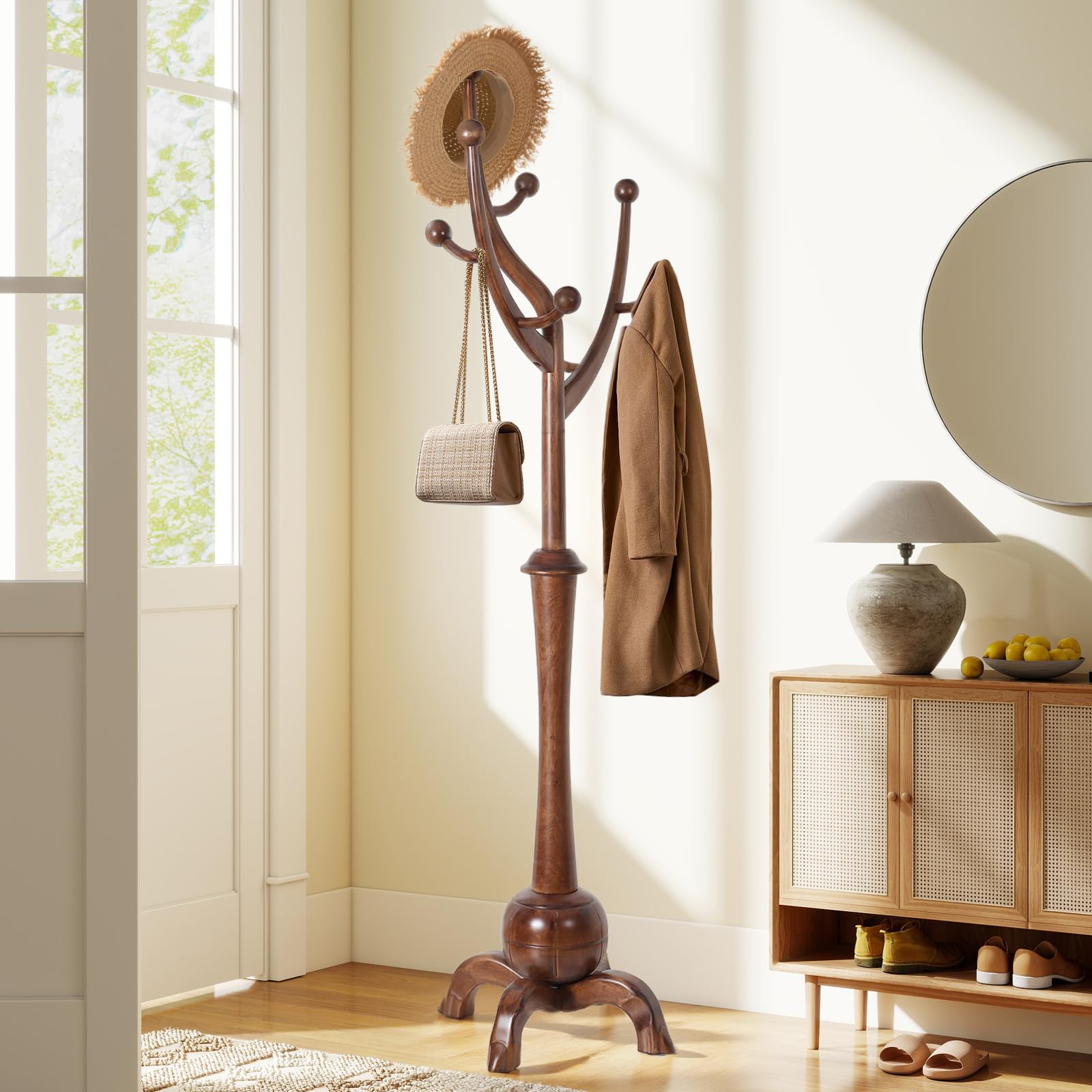 Bekrvio Porte Manteau sur Pied 180cm en Bois Massif 180cm, Brun Noyer | 8 Crochets Robustes, Bois D'hévéa Massif Premium, Base Large et Stable de 50 cm, Design Arbre Ingénieux et Fonctionnel