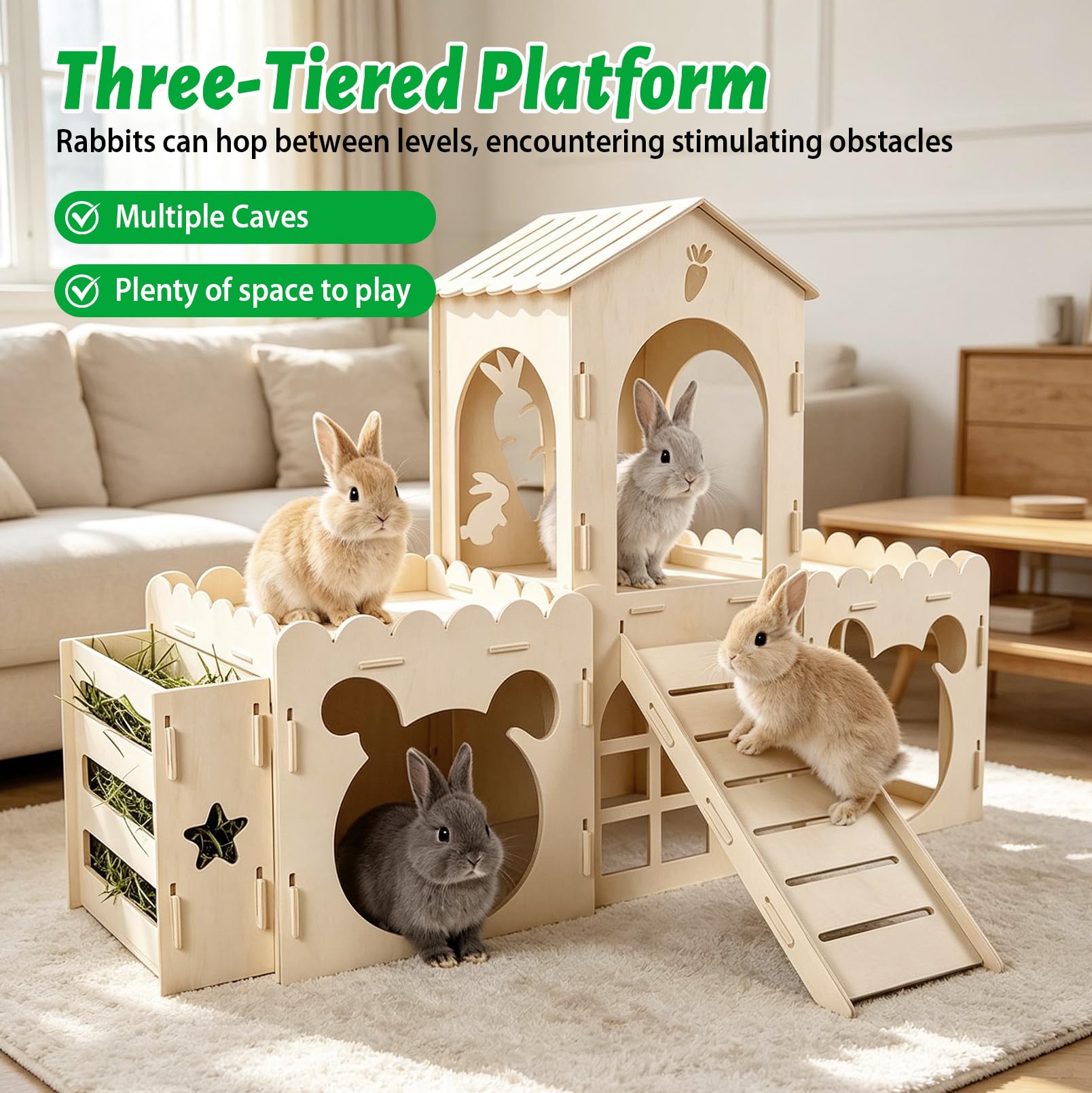 Maison château pour Lapins avec Rampe, Abri en Bois pour Lapins, Ventilée | Convient aux lapins, furets, cochons d'Inde et hamsters, Maisonnette d'intérieur amovible pour lapins