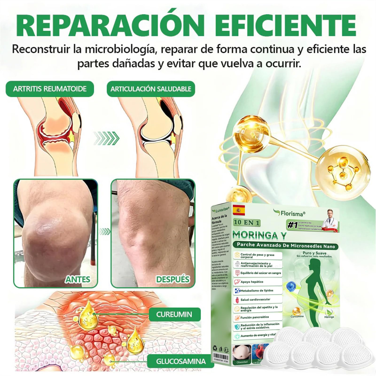Florisma Moringa NAD+ Parche 10 en 1, Florisma Parches, Ingredientes Naturales, para hombres y mujeres (4 Caja)
