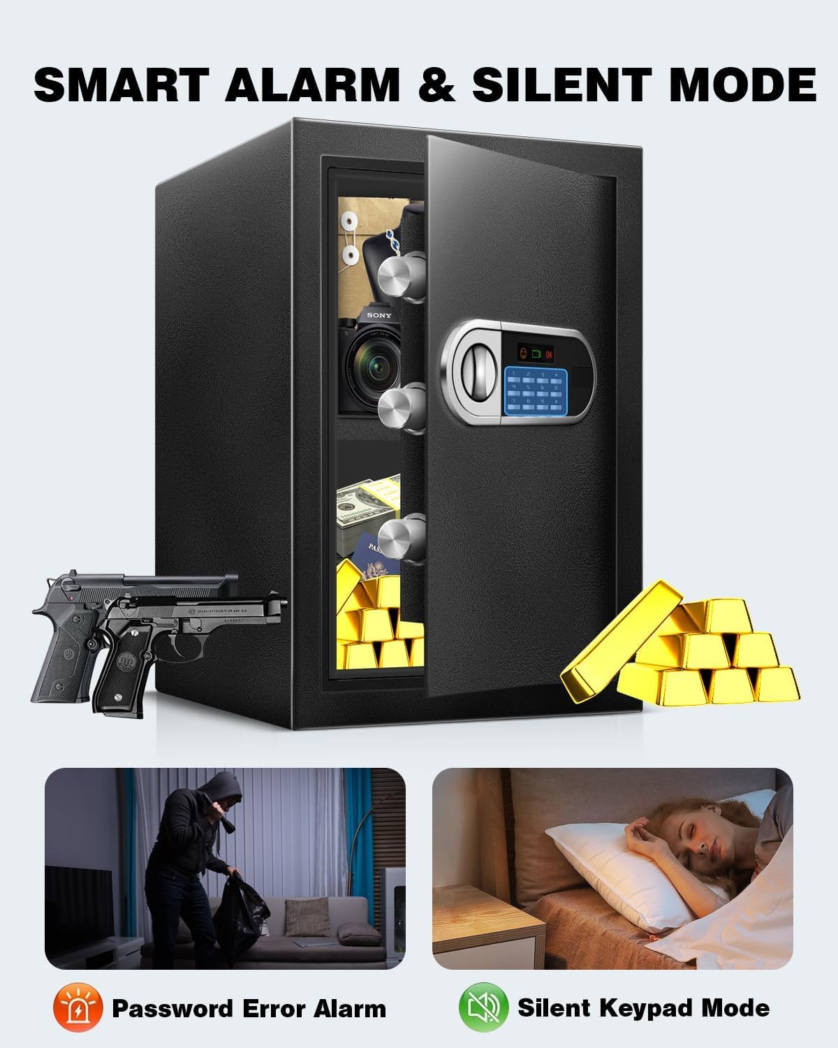 Coffre-fort numérique ignifuge de 2,5 m³ avec accès d'urgence USB-C, capteur lumineux LED et doublure intérieure douce pour documents, espèces, passeports et bijoux