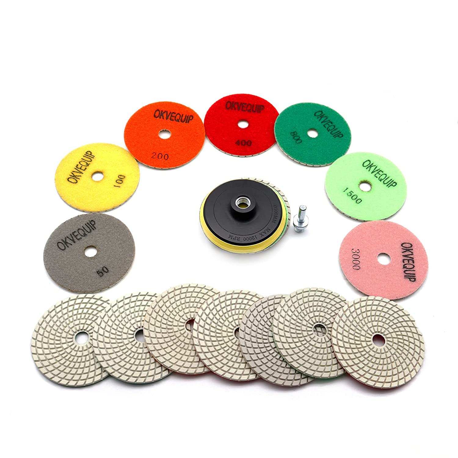 8PCS 4-Inch Diamond Polishing Pads Granite Polishing Pads Kit 50–3000 Grit with 5/8"-11 Drill Adapter & Hook & Loop Backing for Granite Quartz Concrete & Marble Wet & Dry