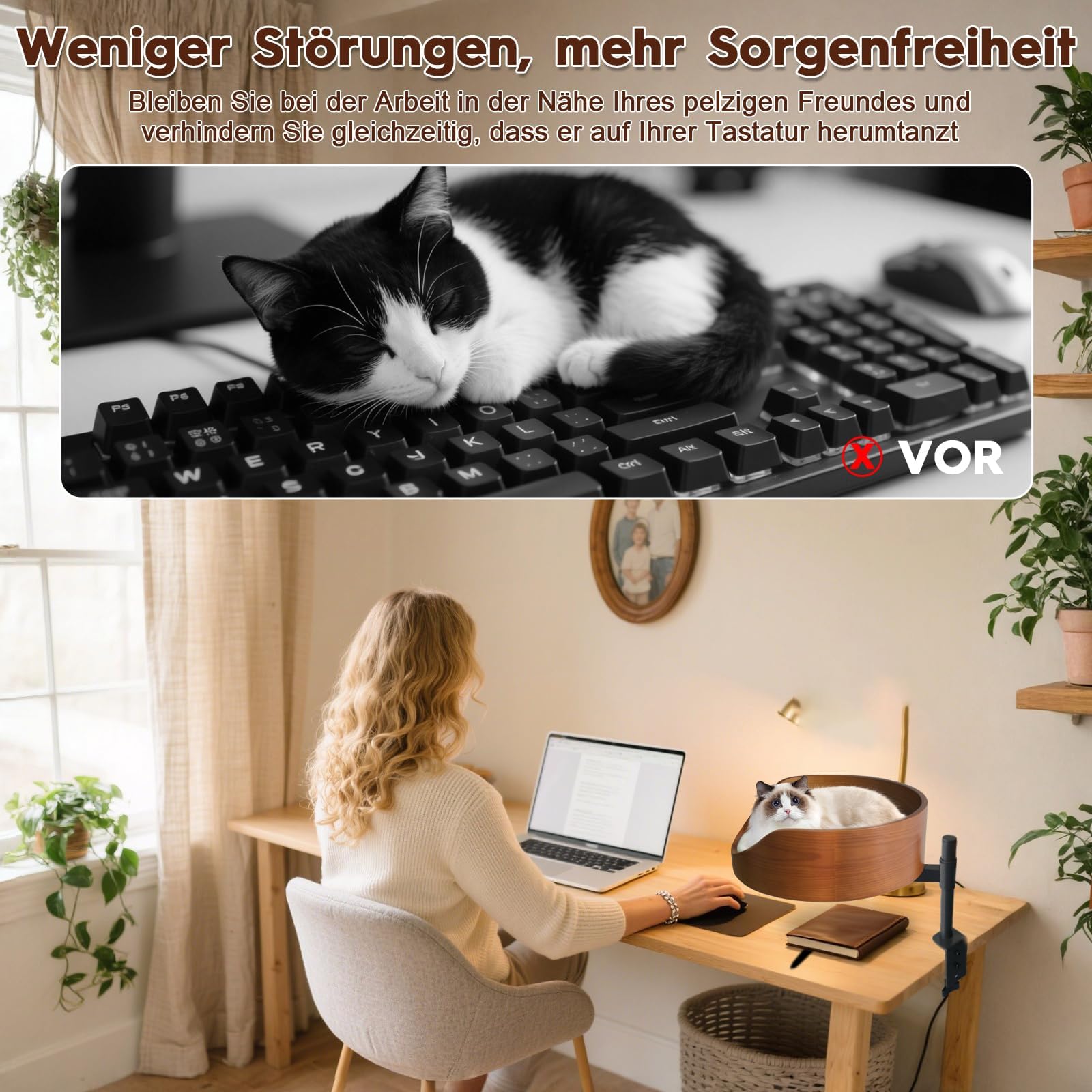 Katzenbett für Schreibtisch mit Haustiermatte,Höhenverstellbares Katzenbett,360° Drehbarer, unterstützt bis zu 35lb,Einklemmschutz und platzsparend, katzenbetten für Tische und Fenstersims