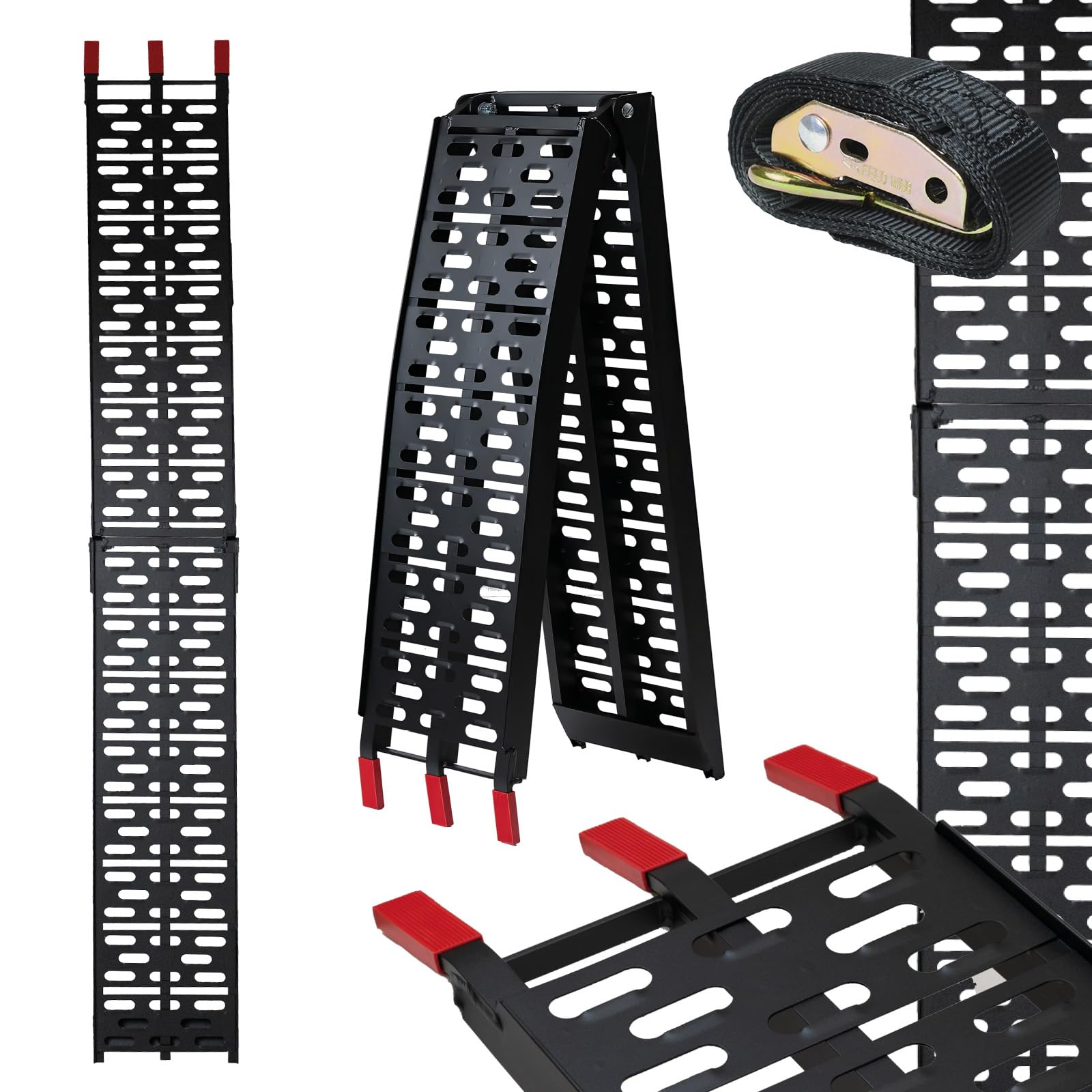 TRUTZHOLM Auffahrrampe klappbar Länge 228 cm Traglast 340 je Stück Motorradrampe Aluminium gelochte rutschfeste Lauffläche gummierte Auflage Verladerampe für Motorräder Roller E-Bike schwarz (1)