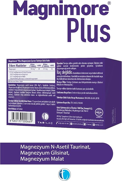 Magnimore Plus Magnezyum 60 Tablet N-Asetil Taurinat Bisglisinat Malat (2 paketi)