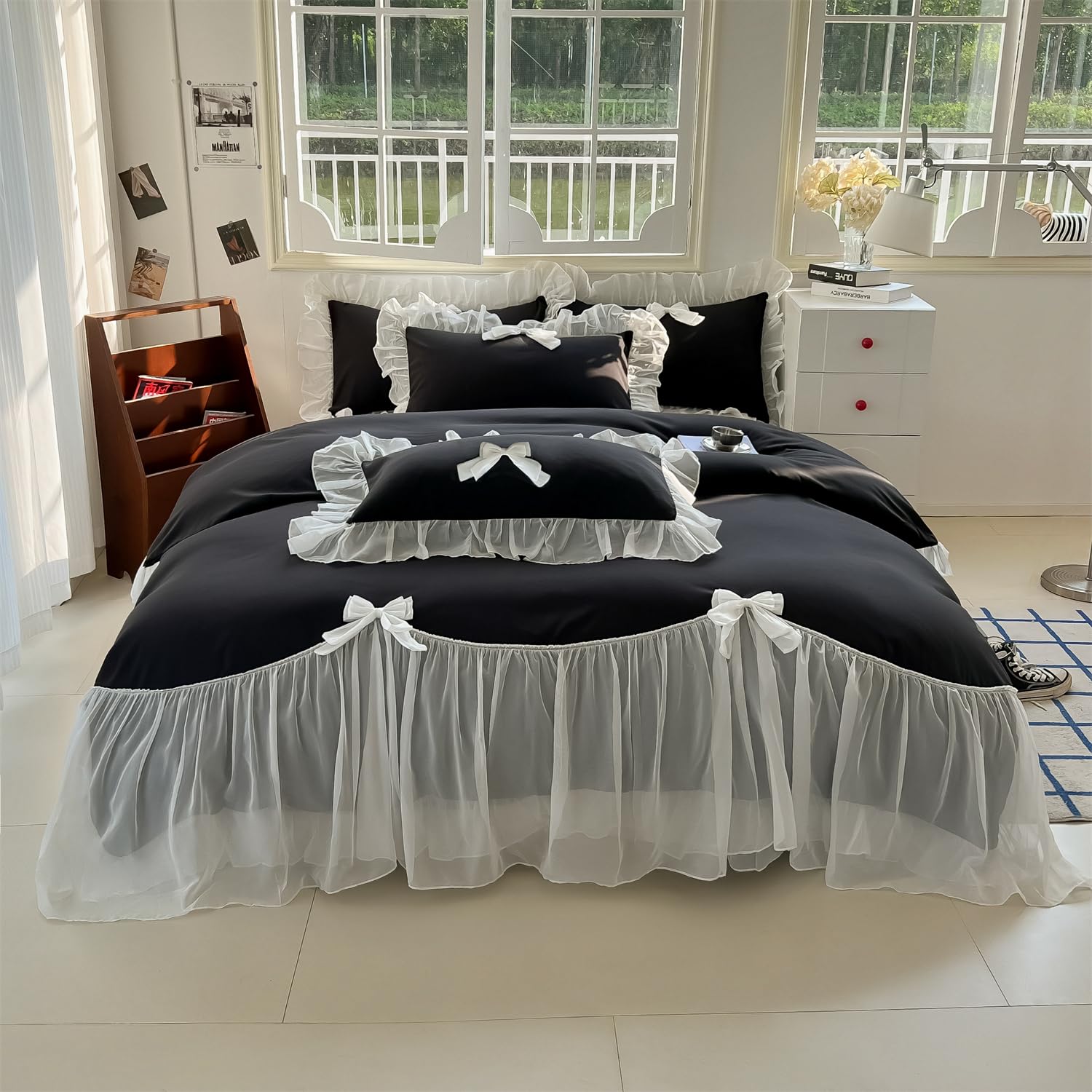 Girls Lace Bedding,Queen Comforter Cover Set, Chic Ruffled Duvet Cover with Lovely Bow,Princess Style 1 Duvet Cover with 2 Pillowcases, No