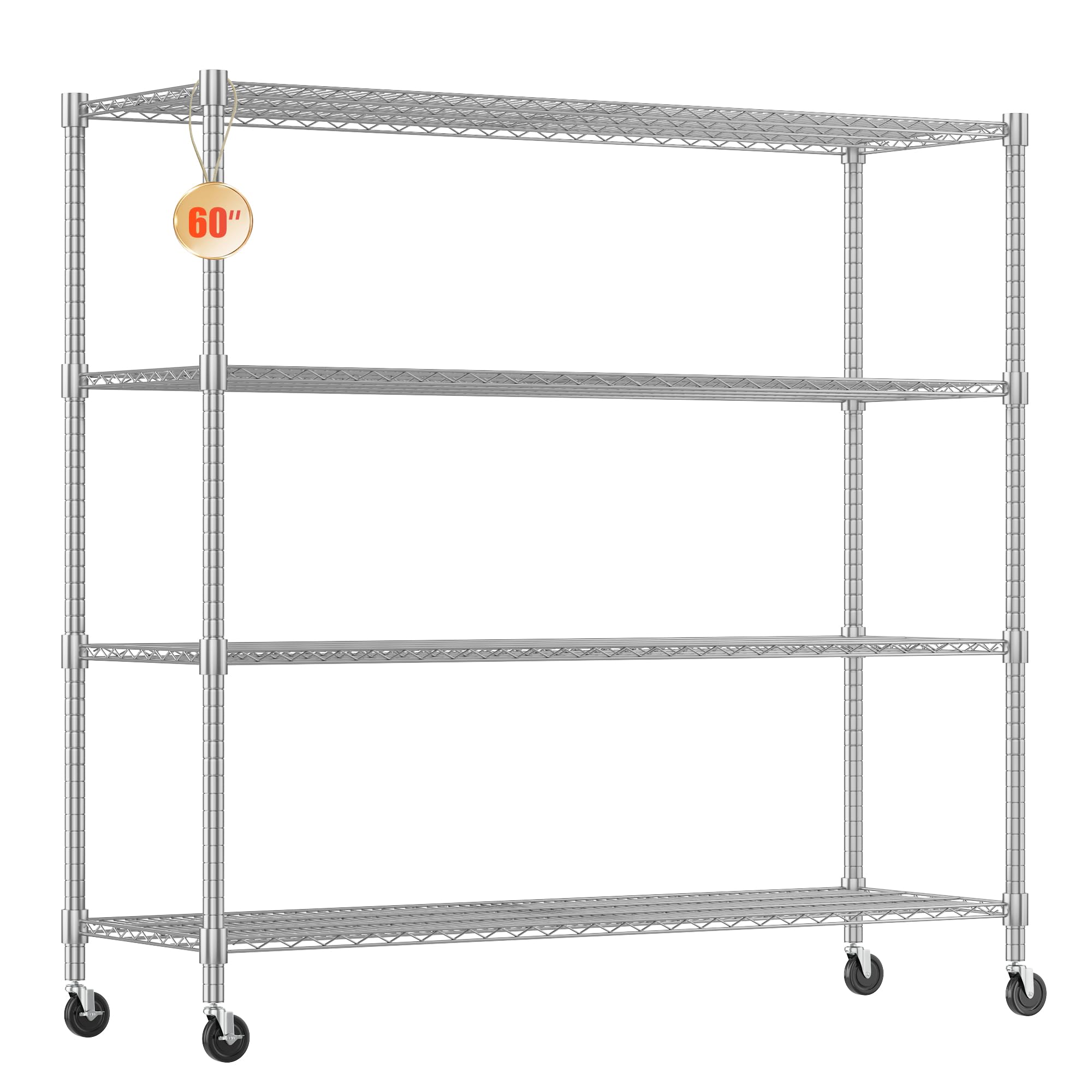 Homdox 4-Tier Heavy Duty Metal Shelves with Wheels - 2400LBS Commercial Adjustable Shelves for Garage, Pantry, Kitchen - 24"x60"x72", Chrome