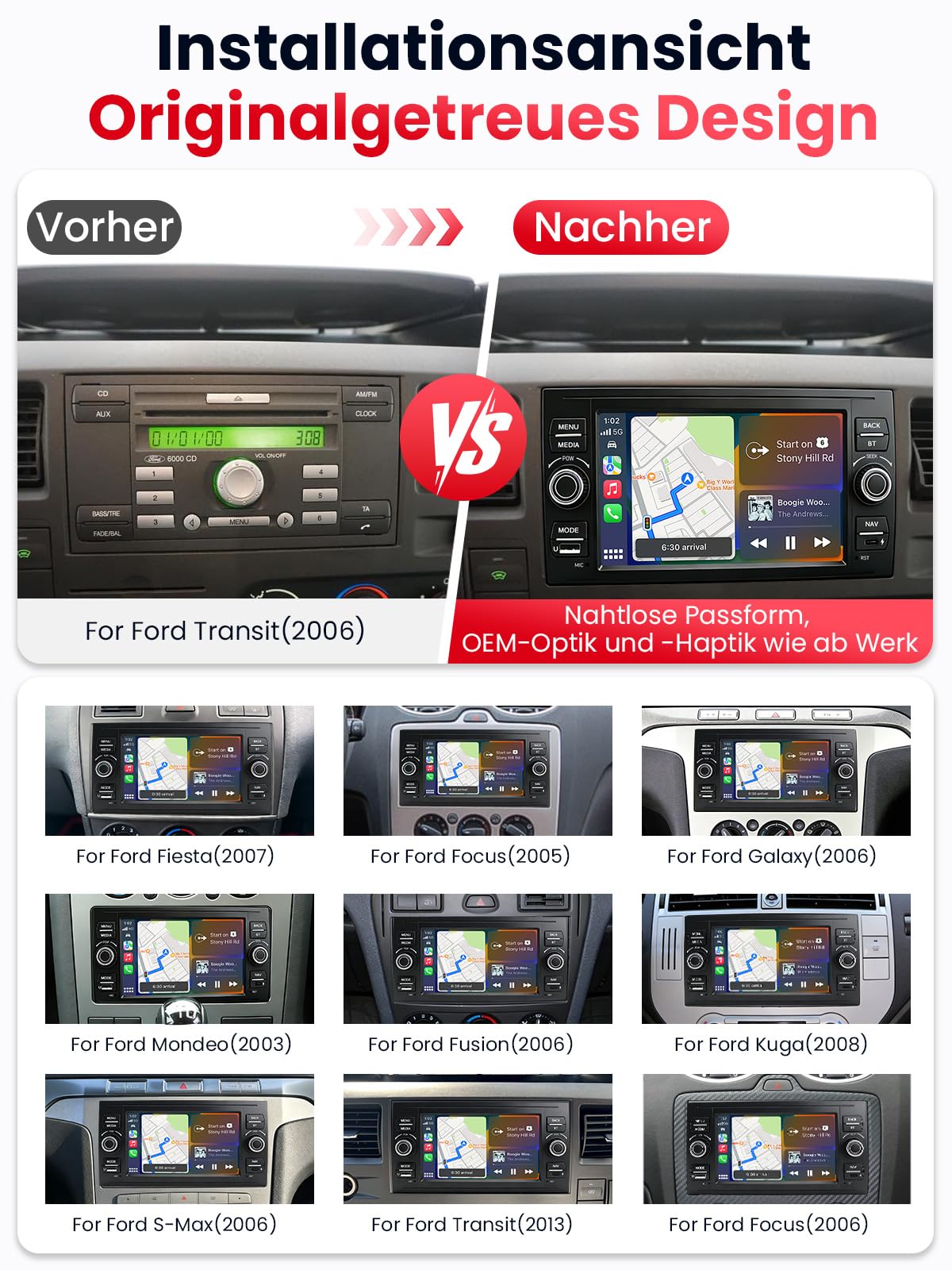 Doppel DIN Autoradio mit Bildschirm für Ford Transit Fiesta Focus Mondeo Kuga, Wireless CarPlay & Android Auto, 7" Auto Radio Touch Display, 4GB+64GB, Bluetooth 5GHz WiFi DAB+ FM AUX GPS
