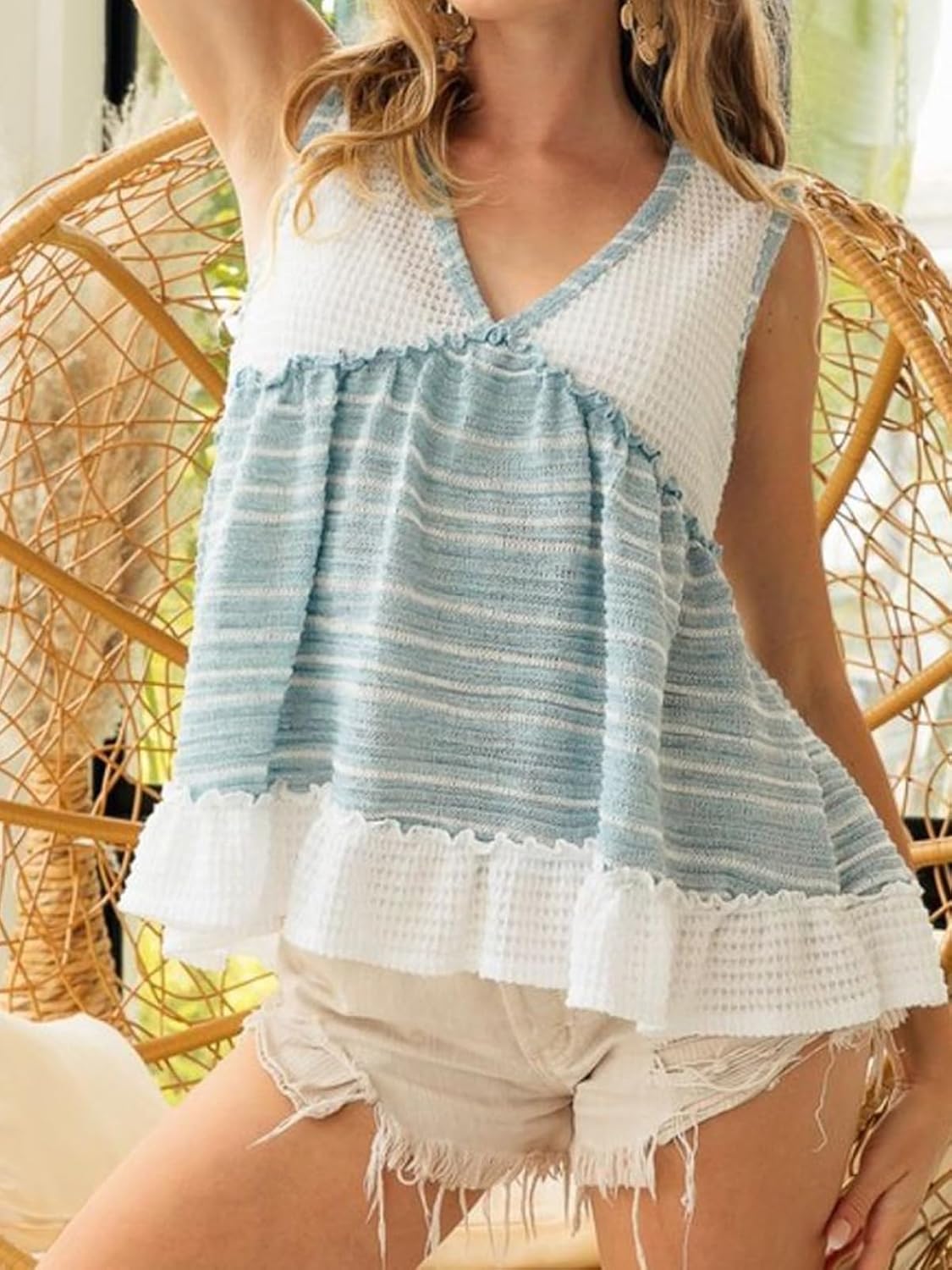 Womens 2026 Summer Sleeveless Babydoll Top V Neck Ruffle Waffle Knit Crop Boho Tank Tops - Image 2