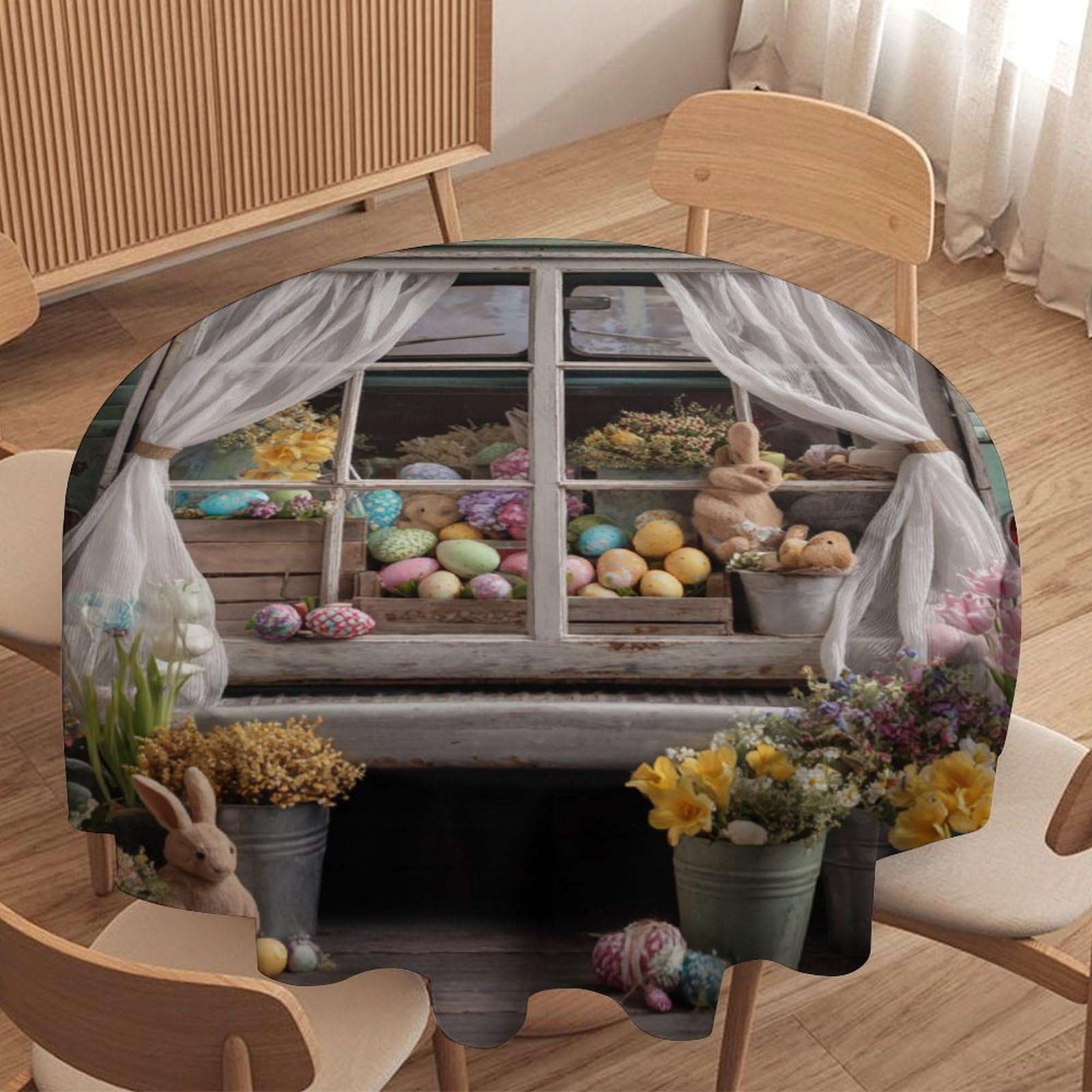 LUYYSKY Funny Realistic Colorful Eggs Round Tablecloth Fantasy Watercolor Easter Spring Flowers Blue Truck Pattern Washable Decor for Table Cover for Kitchen-127 Wx127 L cm