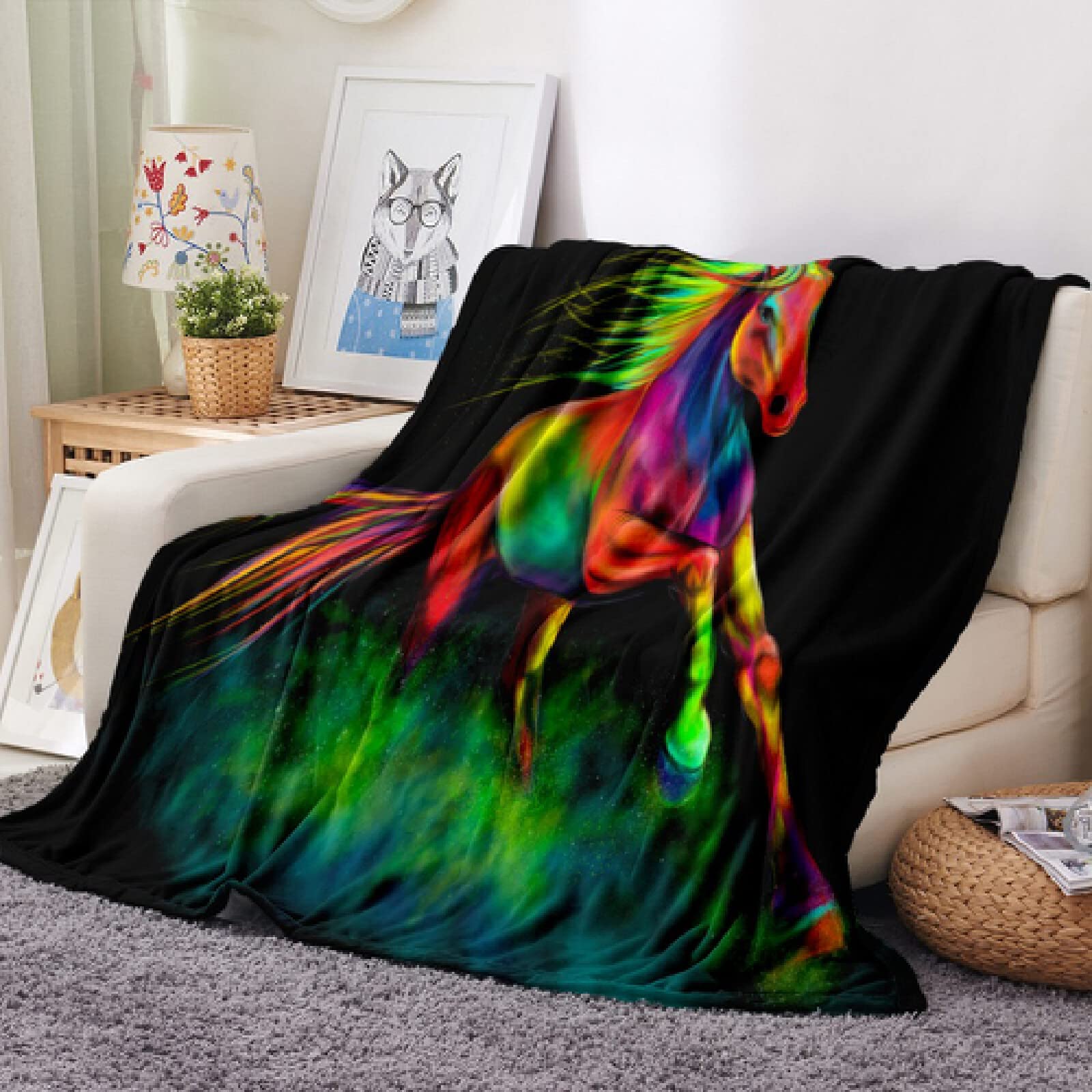 Felice cavallo calore animale coperta spessa quattro stagioni stampa 3D bambini viaggio a casa picnic morbida coperta di flanella sul divano-120x80 cm