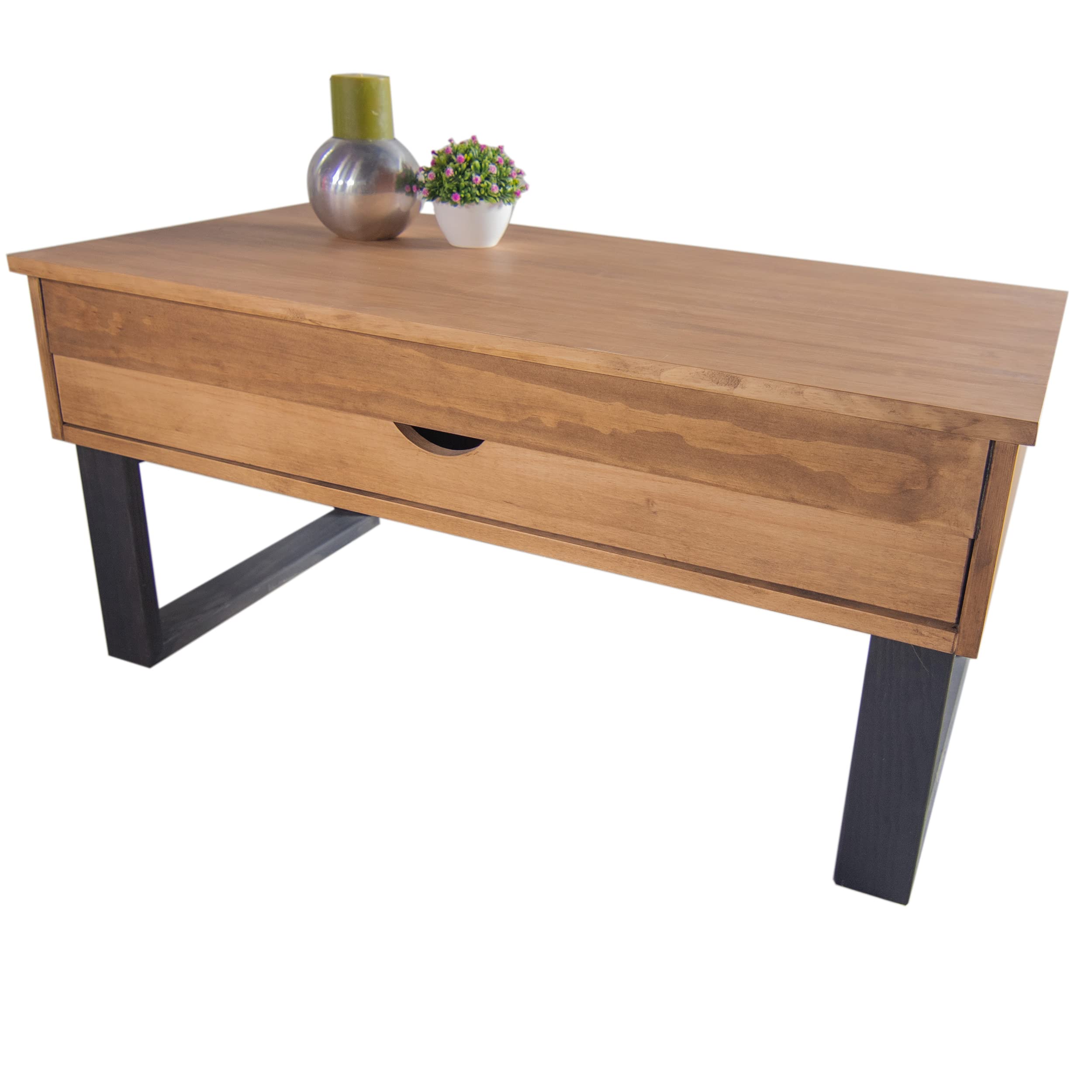 LoMasCasa - Tavolo da salotto da centro collezione Sonka sollevabile con cassetto scorrevole in legno naturale massiccio disponibile in legno e gambe in nero - 100 x 50 x 48 cm