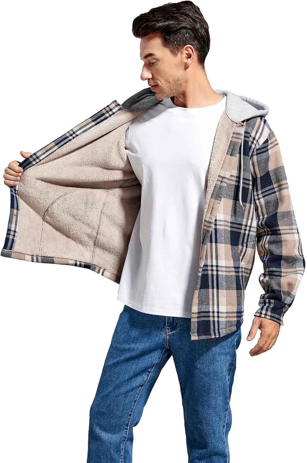 Men's Cotton Plaid Shirts Jacket Fleece Lined Flannel Shirts Sherpa Button Down Jackets with Hood for Men - Image 4