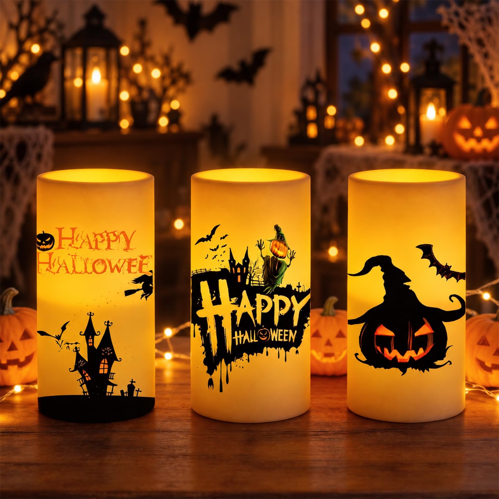 Havnix Halloween Flameless Pillar Candles with Timer, Halloween Decor with Pumpkin Castle Bat Pattern, Indoor Holiday Table Ornaments, Set of 3