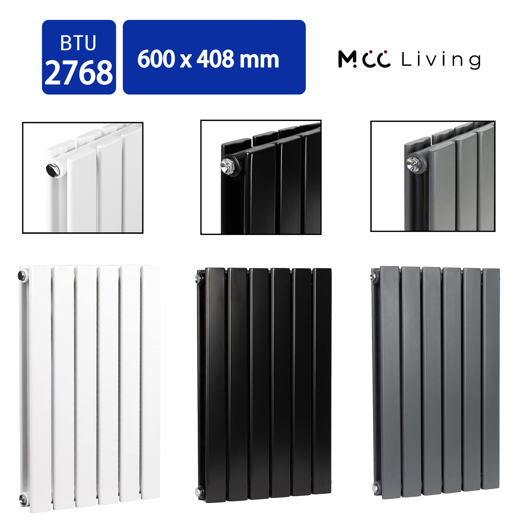Radiator Horizontal Vertical Designer Flat Panel Central Heating Radiator 600mm Height (600x408mm Double, Anthracite)