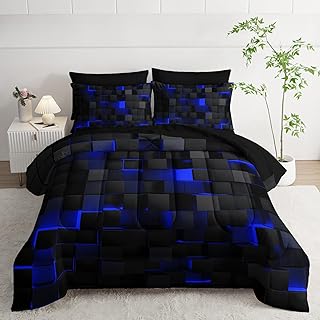 Geometric Blue Black Twin Comforter Set,Light Honeycomb Bedding Set 7 Pi...