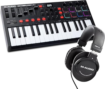 M-Audio Oxygen Pro Mini 32 Key USB MIDI Keyboard Controller with Beat Pads and HDH40 Over Ear Studio Headphones