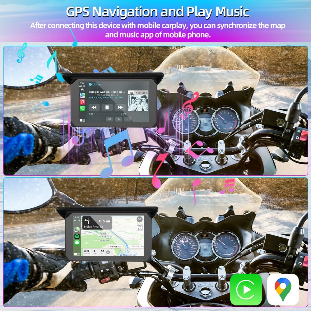 VSYSTO Schermo Carplay per moto, Carplay wireless e Android Auto, touchscreen da 5 pollici, display con indicazione della temperatura e della tensione della batteria,navigazione GPS, assistente vocale