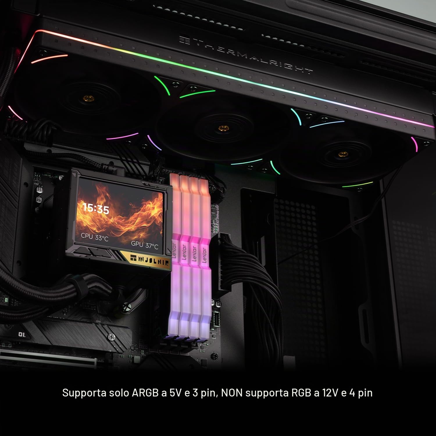 TR Mjolnir Vision 360 UB PRO ARGB Black CPU-Aio, specifica 360, sistema di raffreddamento ad acqua con ventola lineare, schermo LCD da 3,5" con risoluzione 640 x 480 per AM4/AM5; Intel lga1700/1851