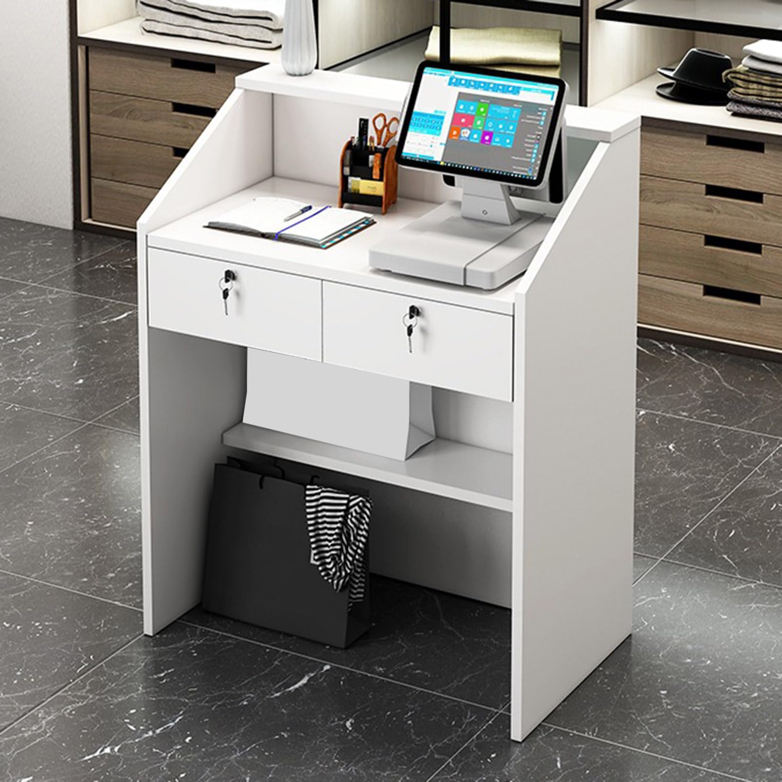 Comptoir de Réception Moderne avec Tiroirs Verrouillables, Petite Table De Caisse En Bois Comptoir de vente au Détail Bureau d'accueil Poste de Travail Informatique de Bureau pour le d'hôtel de Salo
