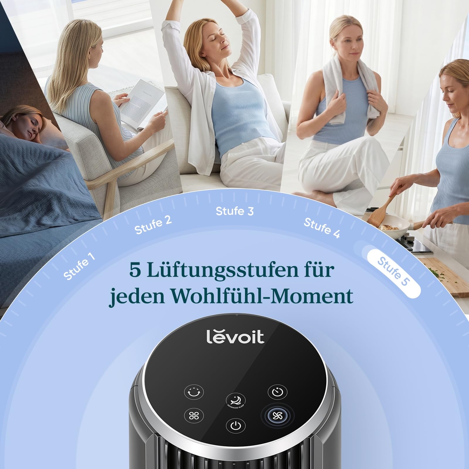 Levoit Turmventilator mit Fernbedienung, oszillierender Säulenventilator, 5 Geschwindigkeiten, 4 Modi, 12 Std Timer, 92 cm, Mattgrau