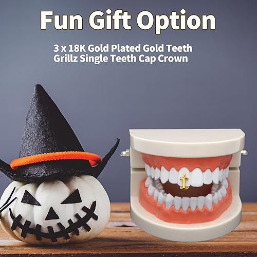 Miniatura 4 de 3 piezas chapadas en oro de 18 quilates con acabado de oro de oro Grillz corona de tapa de un solo diente, parrillas de boca hip hop, colmillo con